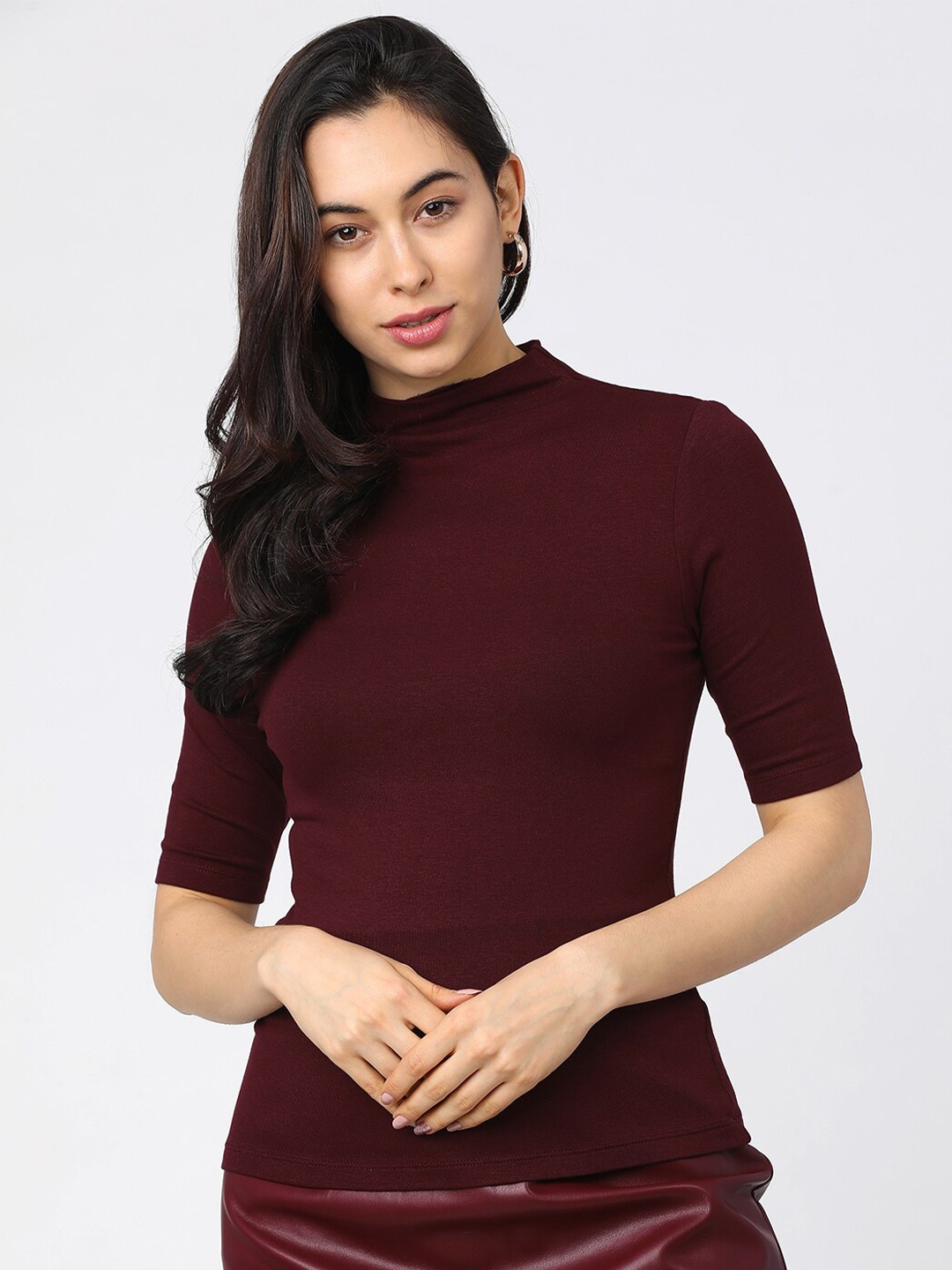 

Tokyo Talkies Maroon Solid High Neck Fitted Top