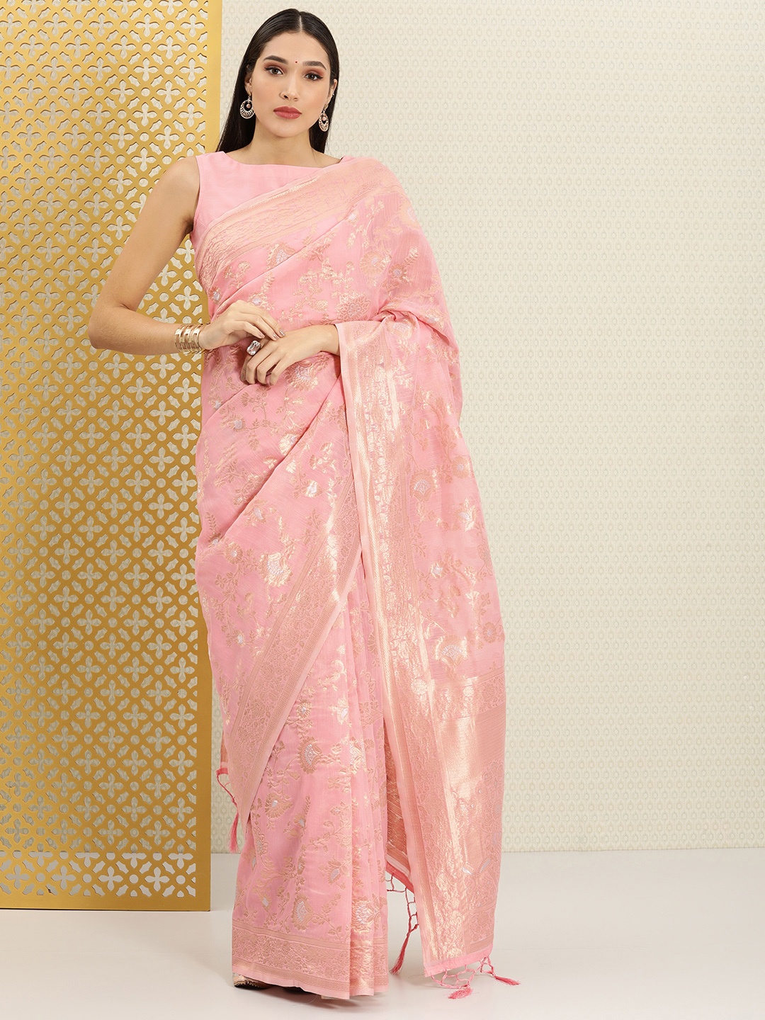 

House of Pataudi Pink & Gold-Toned Floral Zari Linen Blend Banarasi Saree