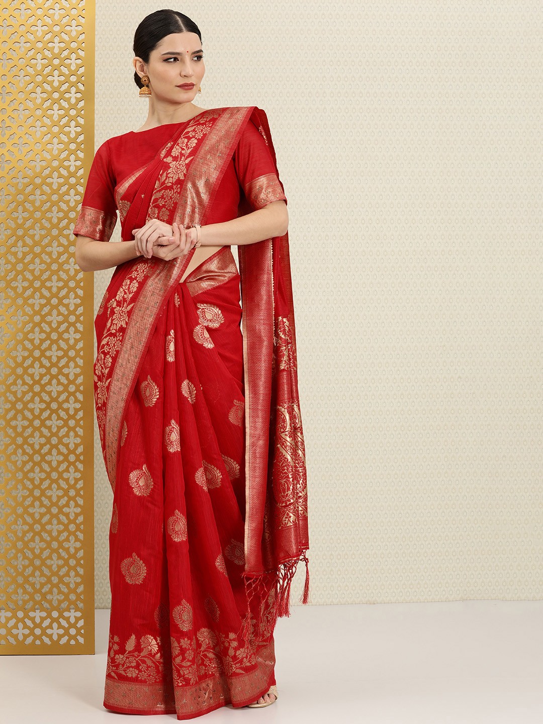 

House of Pataudi Red & Gold-Toned Ethnic Motifs Zari Linen Blend Banarasi Saree