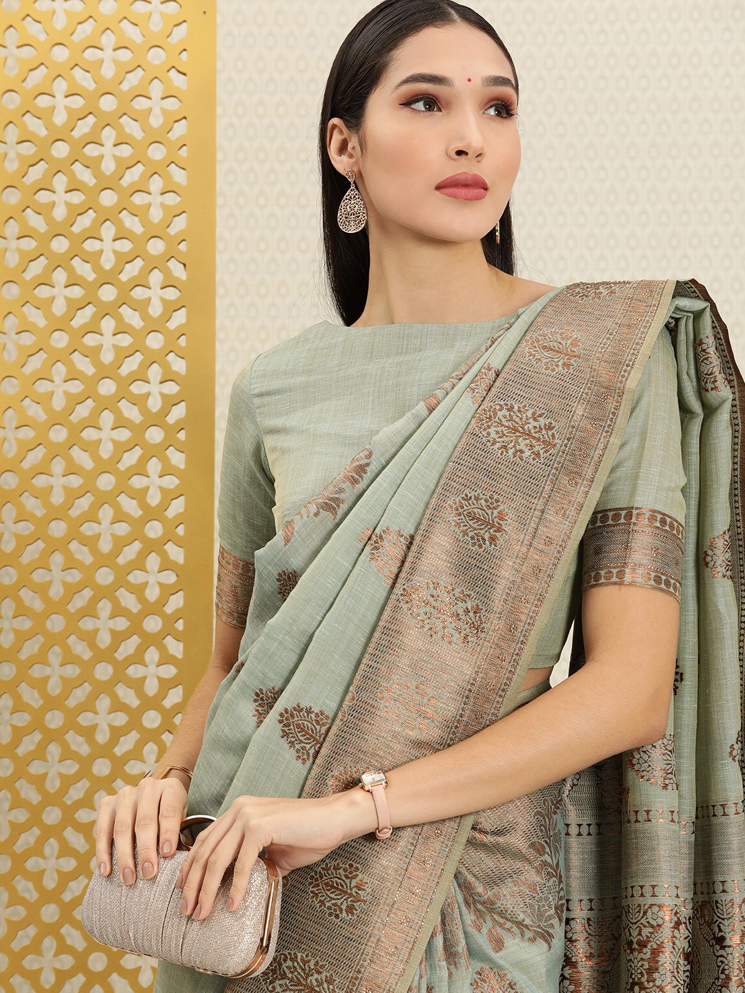 

House of Pataudi Green & Bronze-Toned Ethnic Motifs Zari Silk Cotton Saree