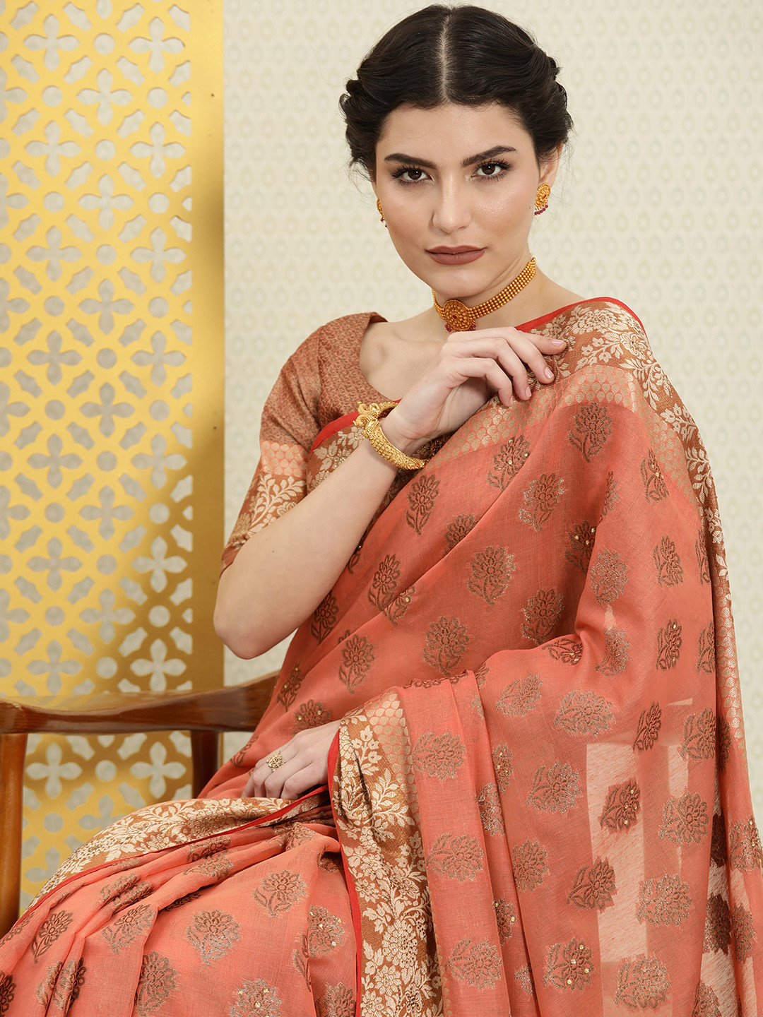 

House of Pataudi Pink & Gold-Toned Ethnic Motifs Zari Saree