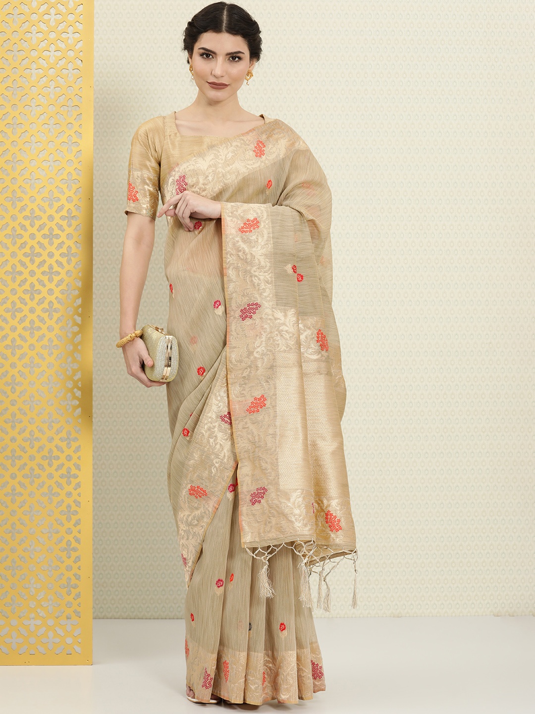 

House of Pataudi Beige & Gold-Toned Ethnic Motifs Zari Saree