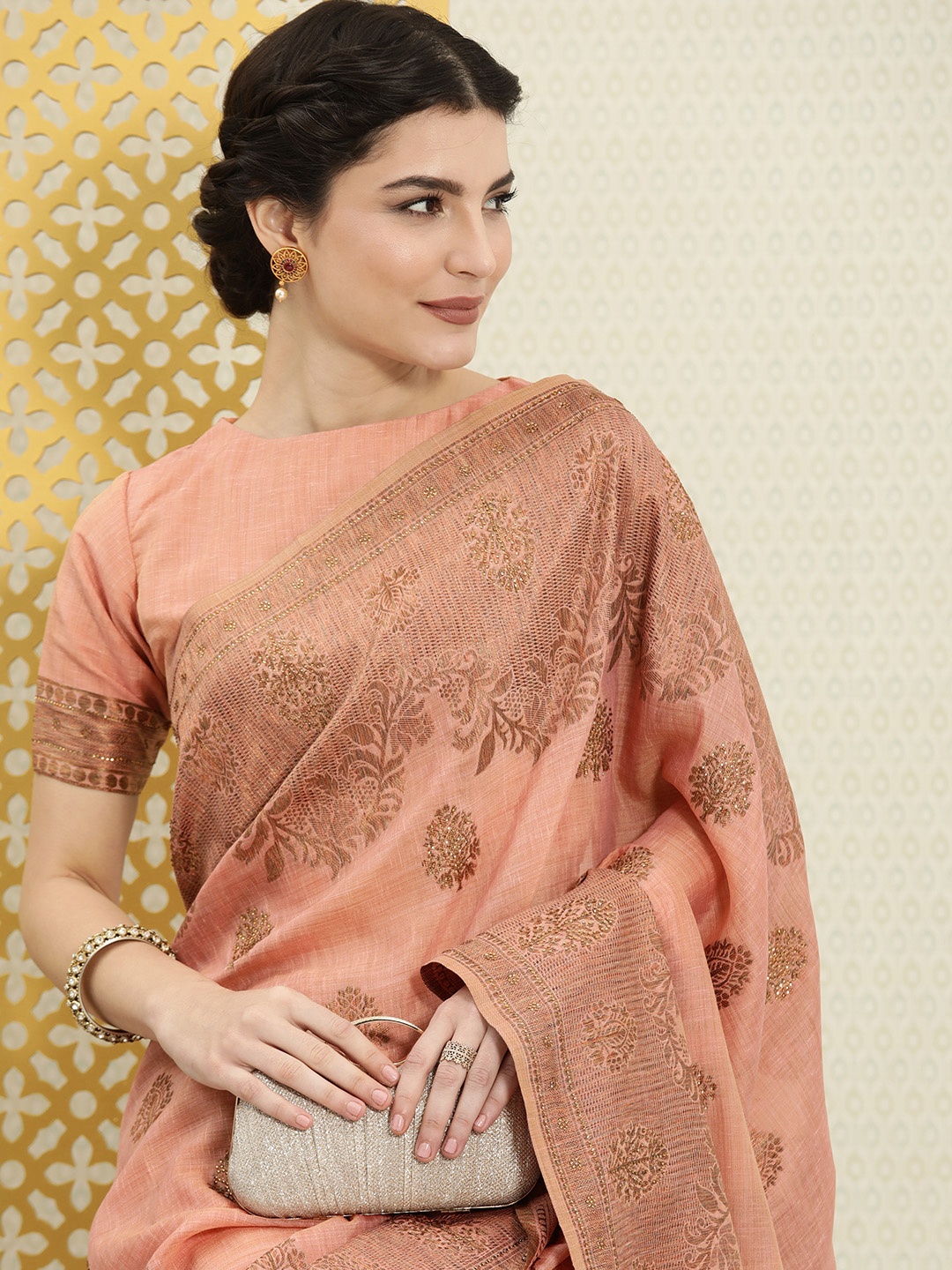 

House of Pataudi Peach-Coloured & Bronze-Toned Ethnic Motifs Zari Silk Cotton Saree