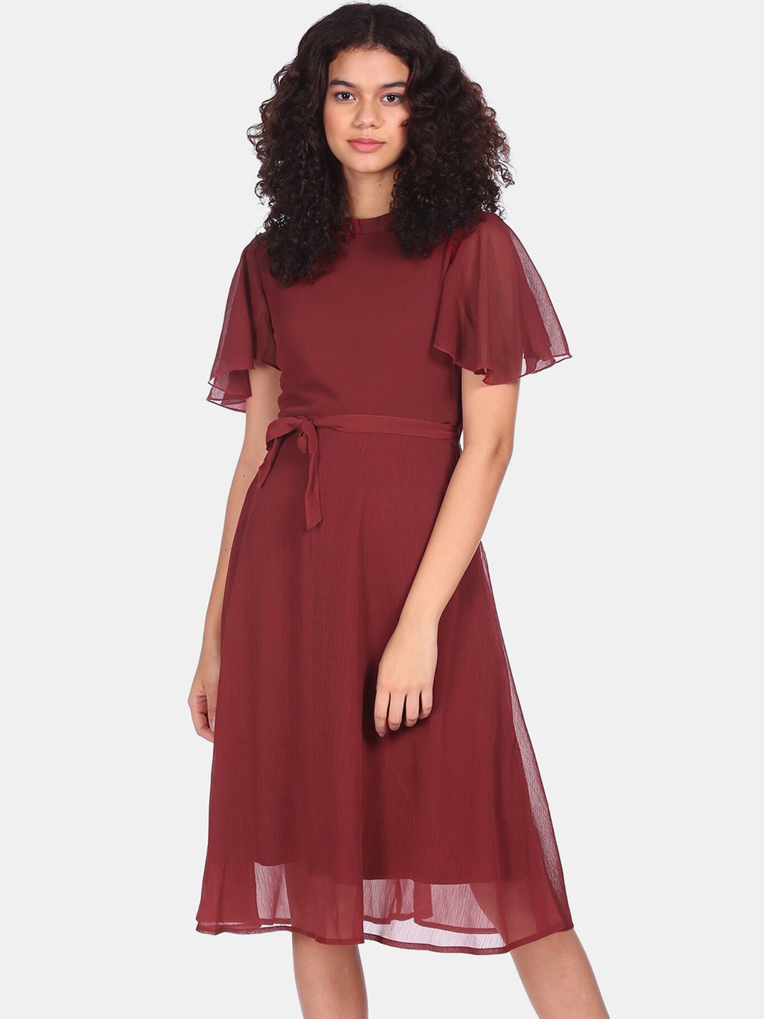 

Flying Machine Maroon High Neck Flared Dress