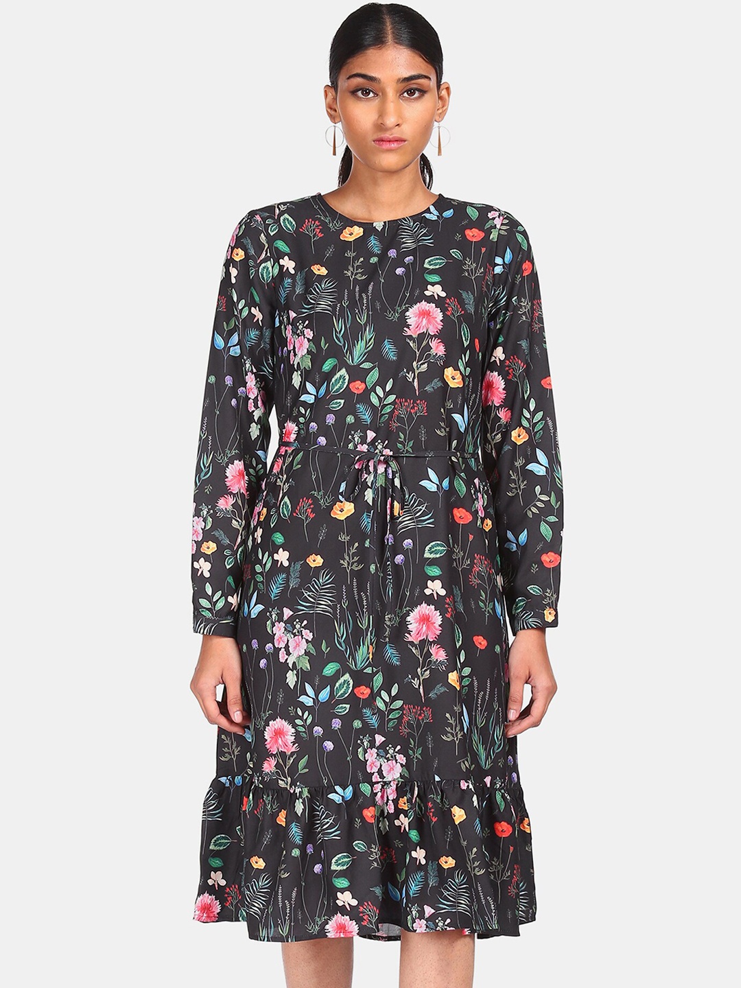 

Flying Machine Black Floral A-Line Midi Dress