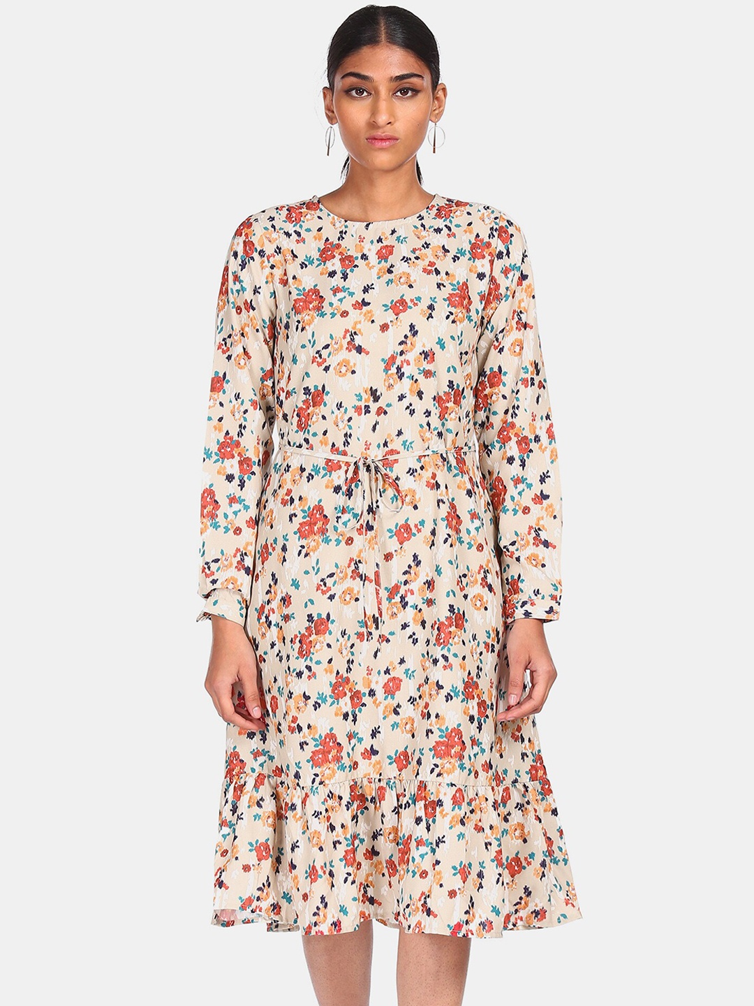 

Flying Machine Beige Floral A-Line Midi Dress