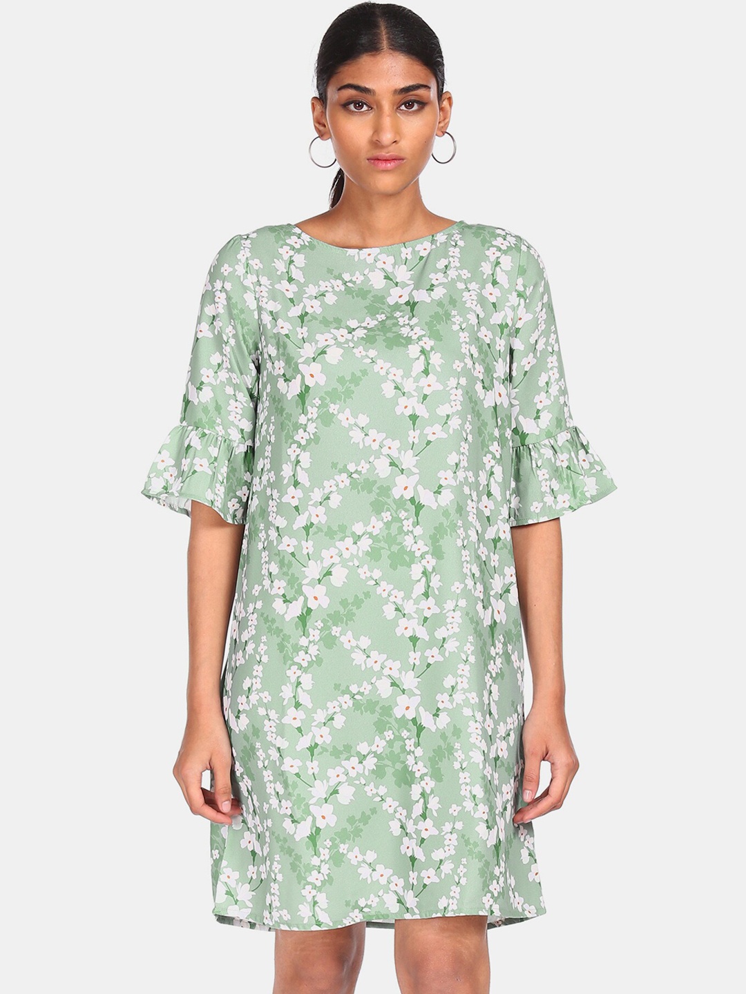 

Flying Machine Green & Off White Floral A-Line Dress