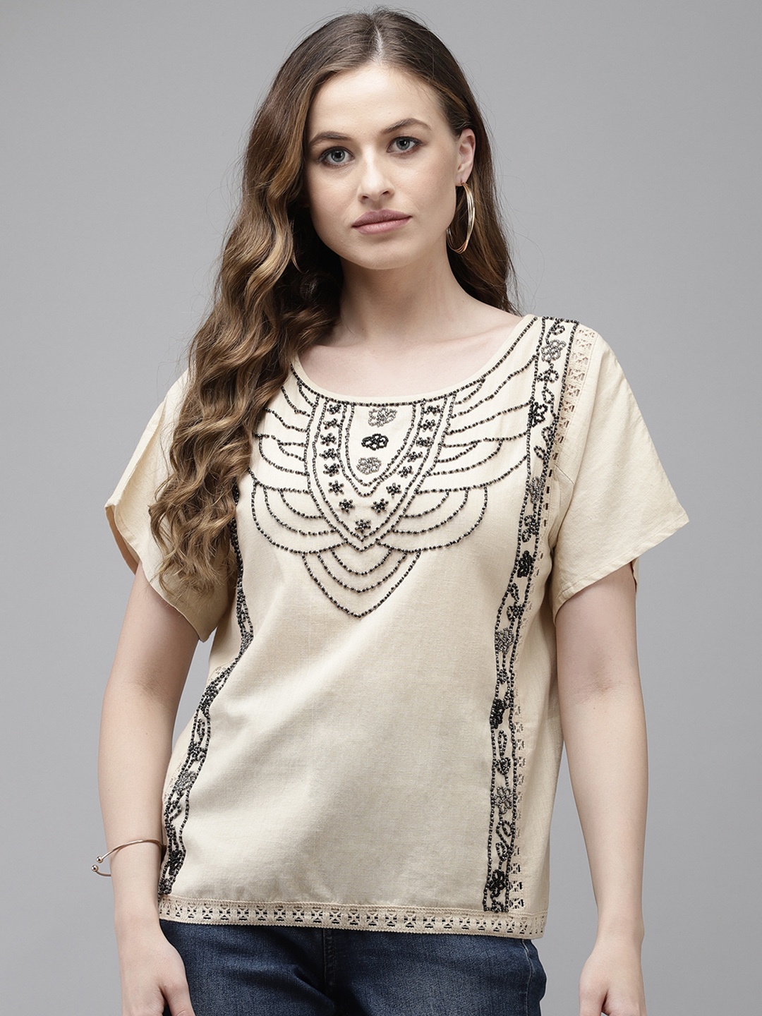 

Ishin Beige Embellished Bohemian Boxy Top