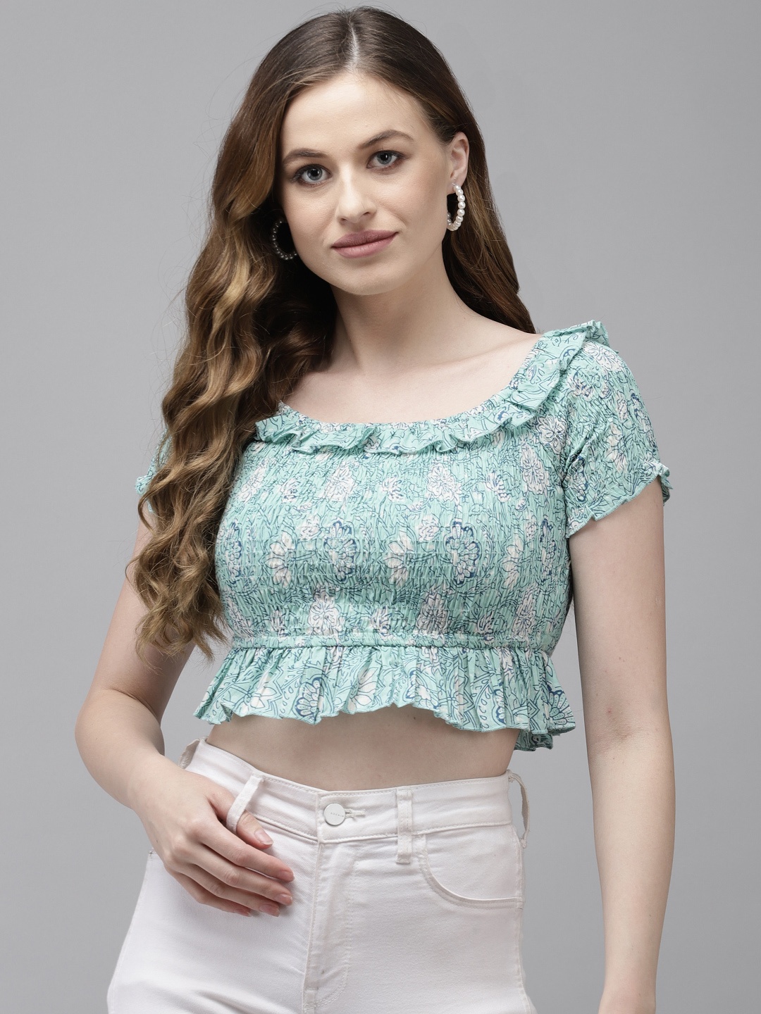 

Ishin Sea Green Floral Extended Sleeves Bardot Crop Top