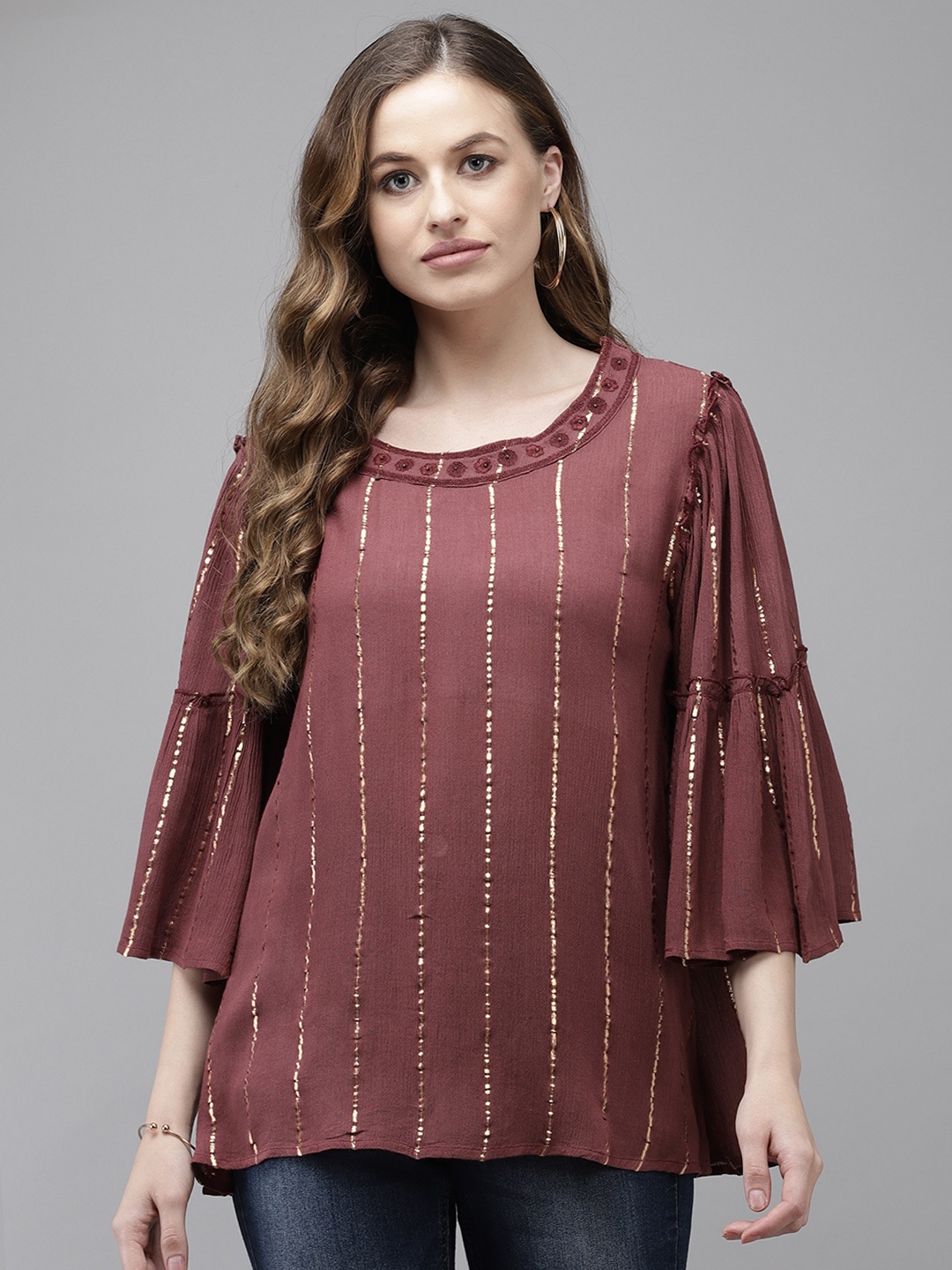 

Ishin Maroon Striped Crepe Tiered Top