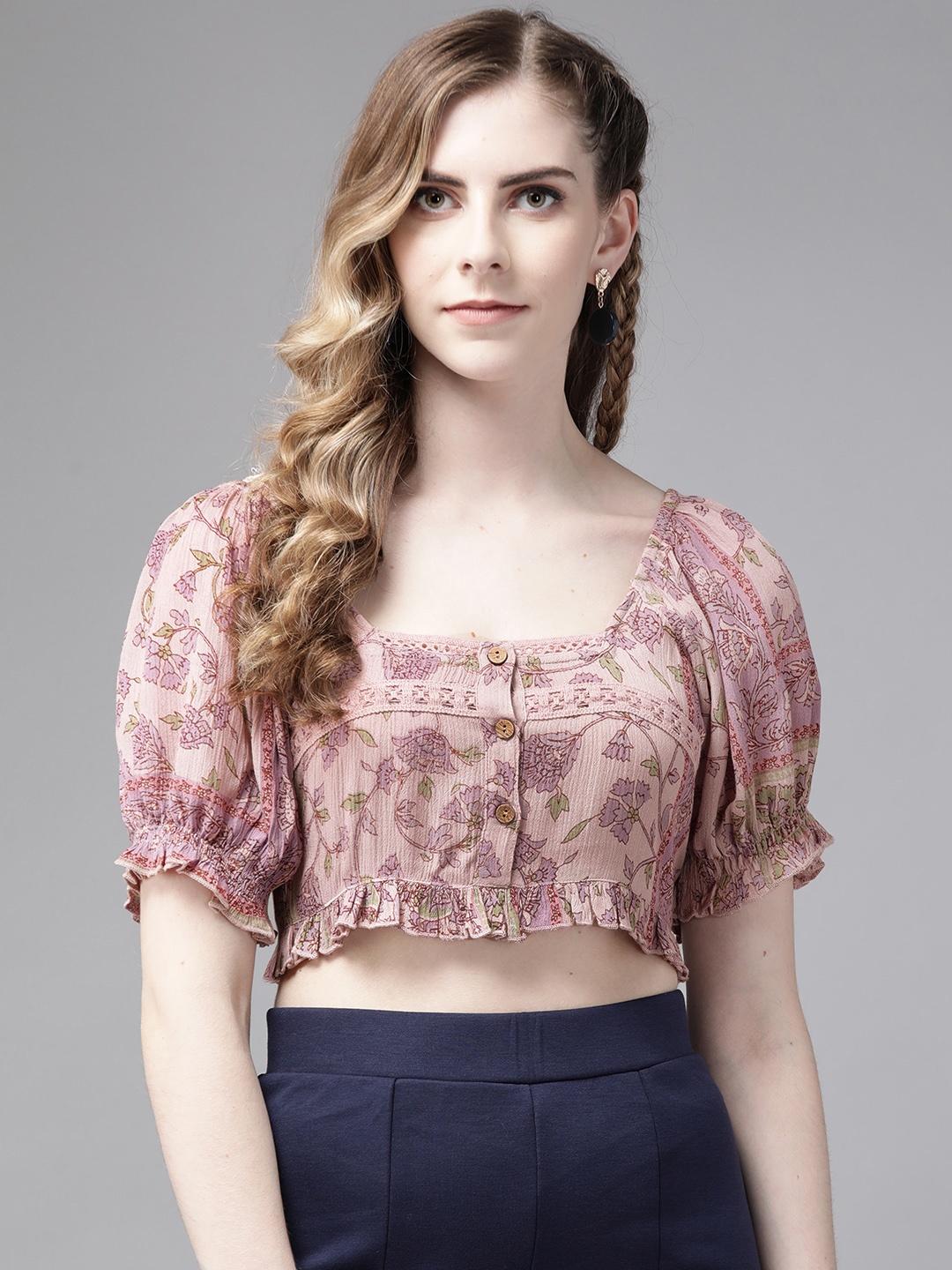 

Ishin Purple Floral Bardot Crop Top