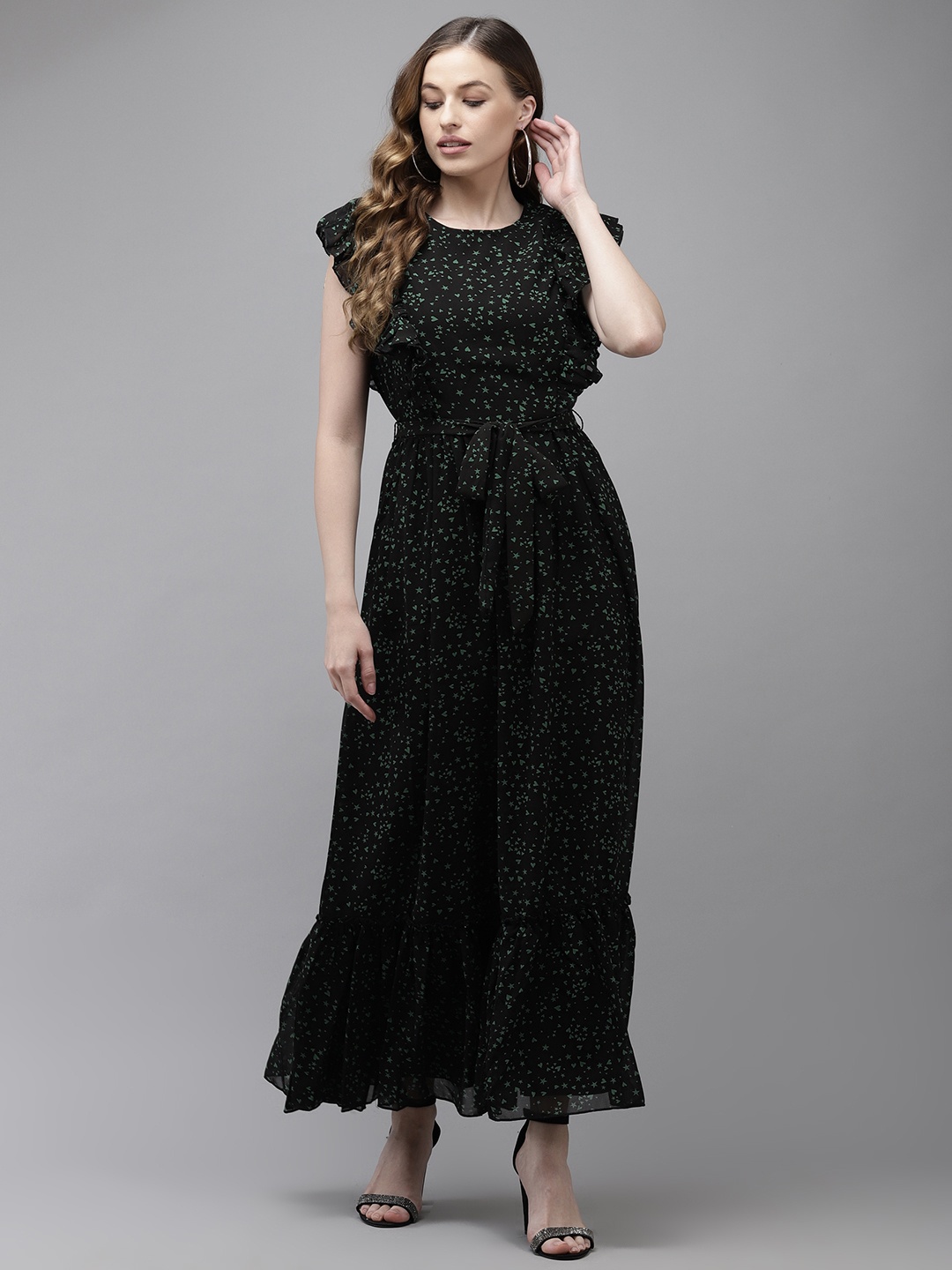 

Ishin Black & Green Georgette Maxi Dress