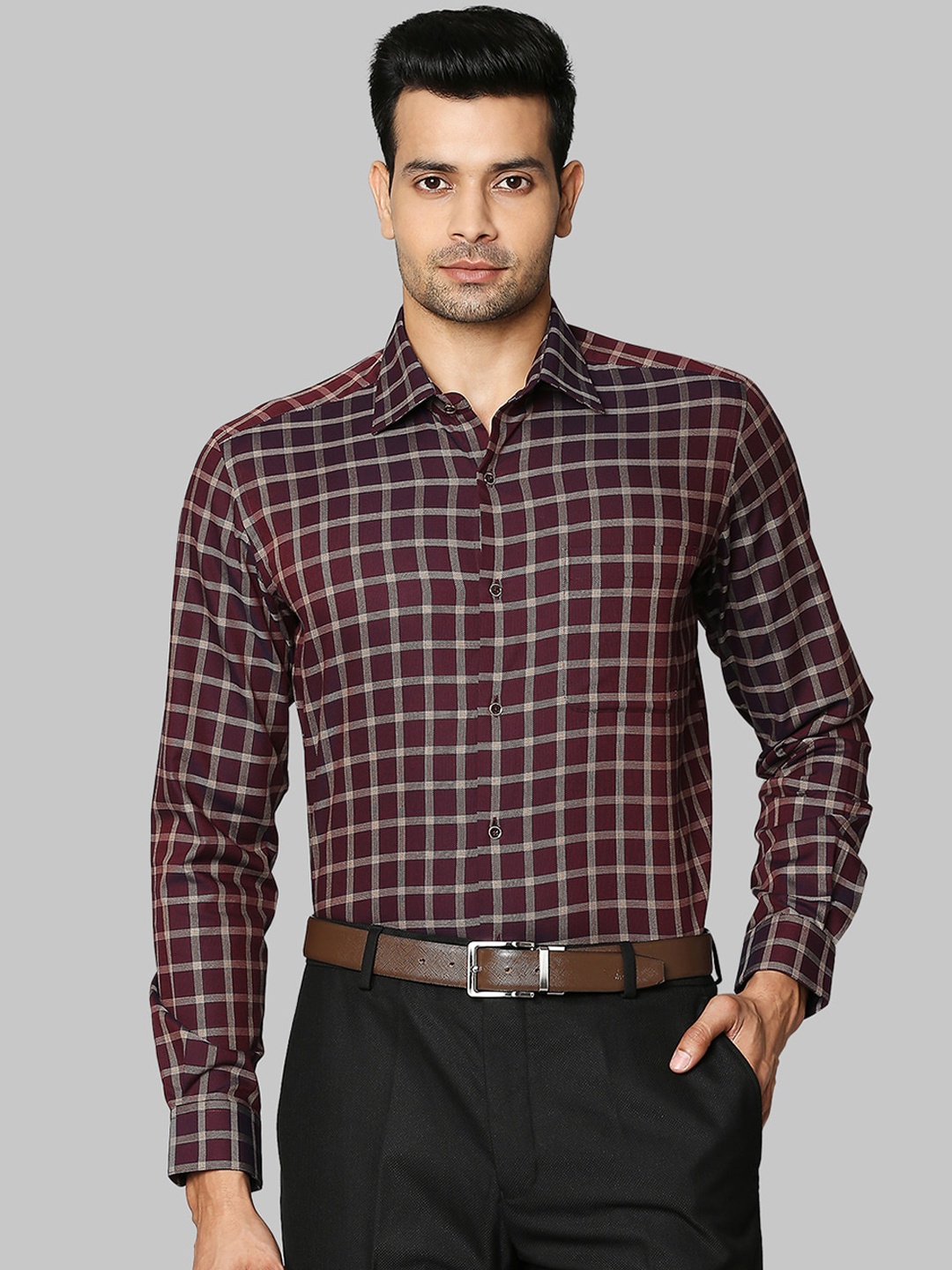 

Raymond Men Maroon Opaque Checked Formal Shirt