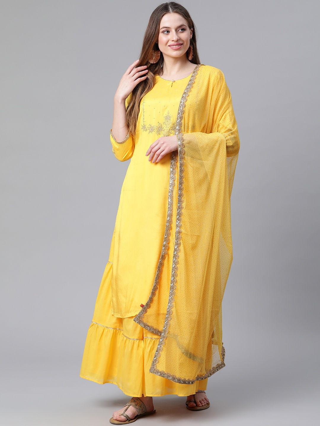 

Rangriti Women Yellow Floral Embroidered Kurta with Sharara & With Dupatta