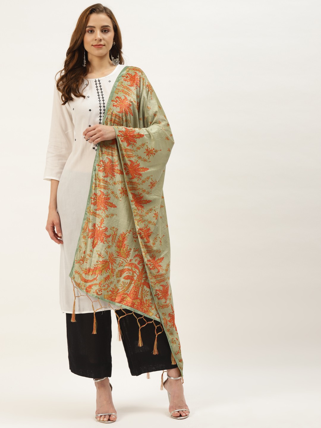 

VAABA Green & Multicoloured Ethnic Motifs Printed Velvet Dupatta