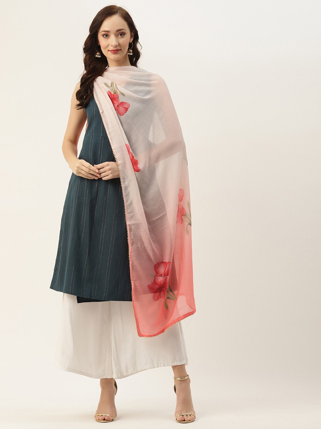 

VAABA Peach Floral Printed Cotton Silk Dupatta