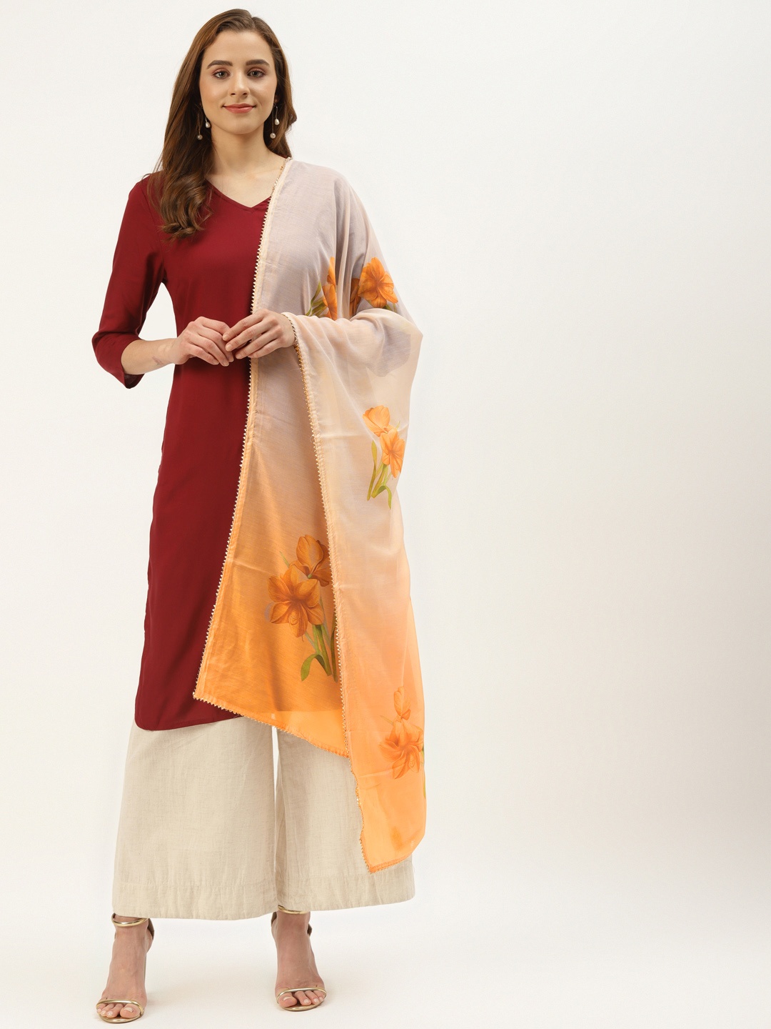 

VAABA Orange & White Floral Printed Cotton Silk Ombre Dupatta