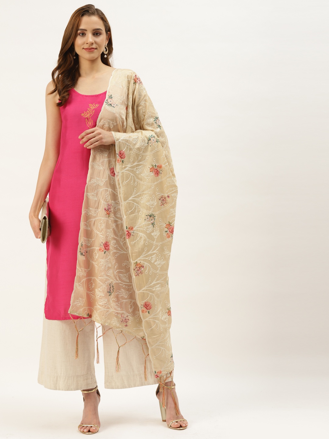 

VAABA Beige Embroidered Art Silk Dupatta