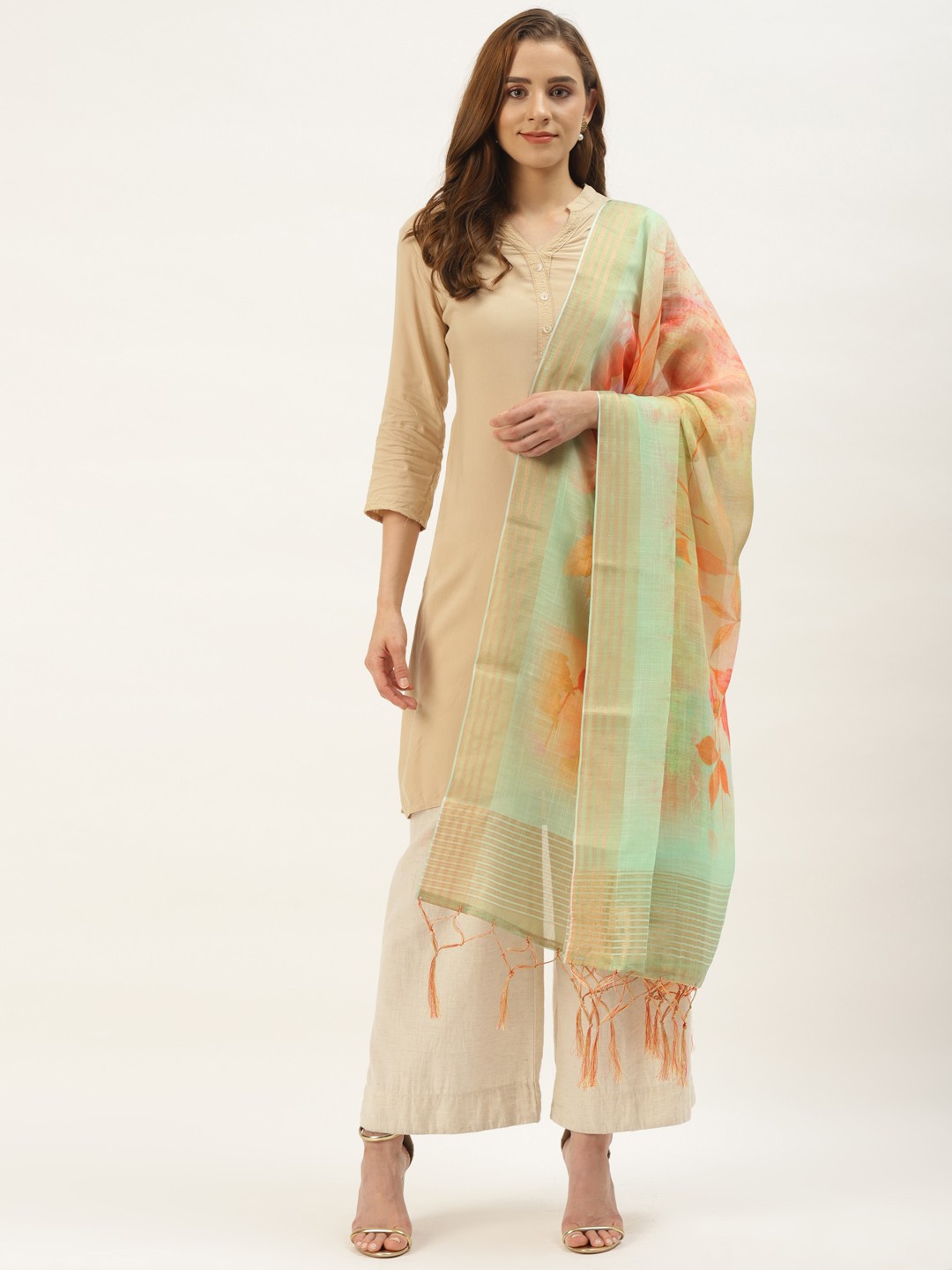 

VAABA Green & Multicoloured Floral Printed Linen Dupatta