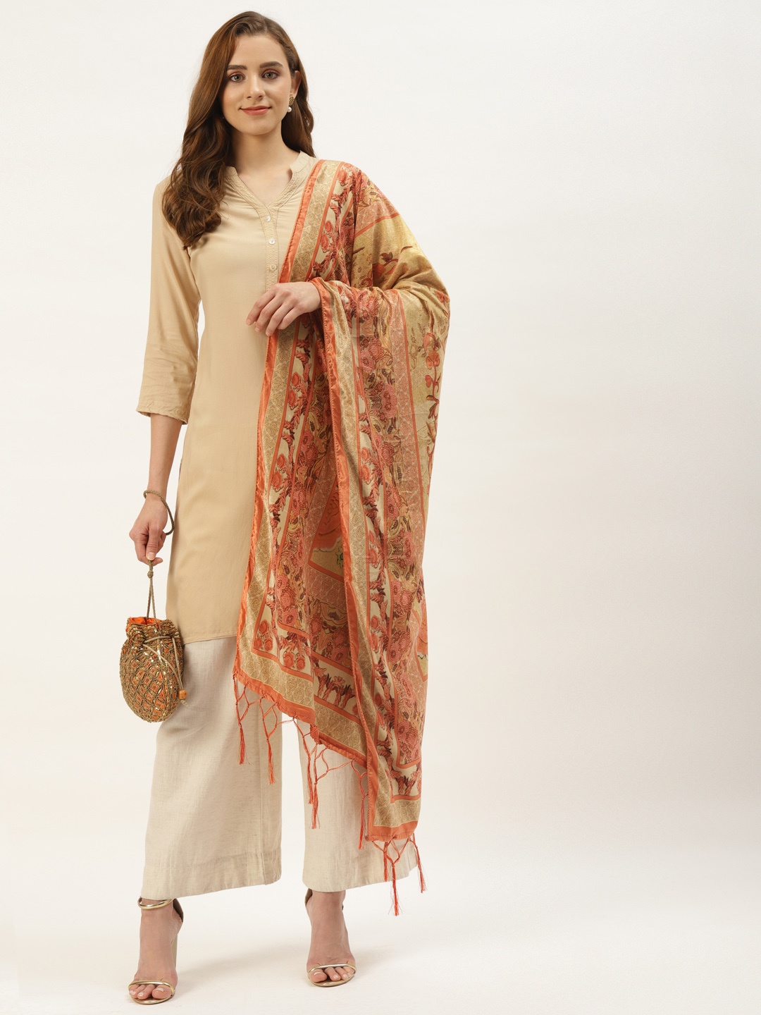 

VAABA Peach-Coloured & Multicoloured Ethnic Motifs Printed Velvet Dupatta