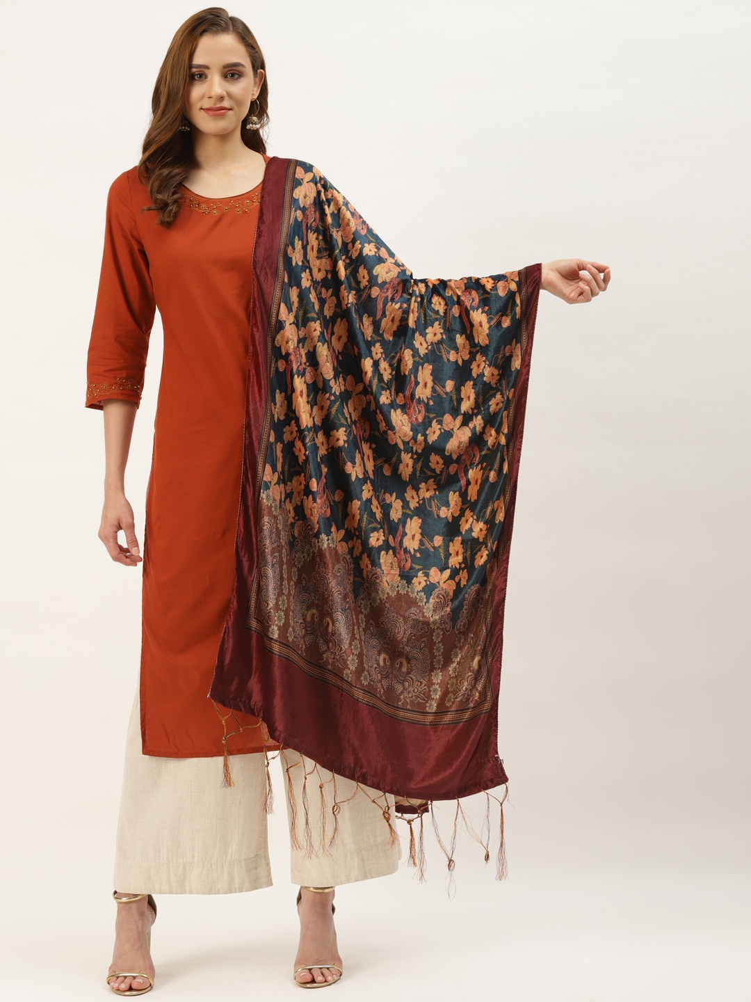 

VAABA Teal Green & Maroon Floral Printed Velvet Dupatta