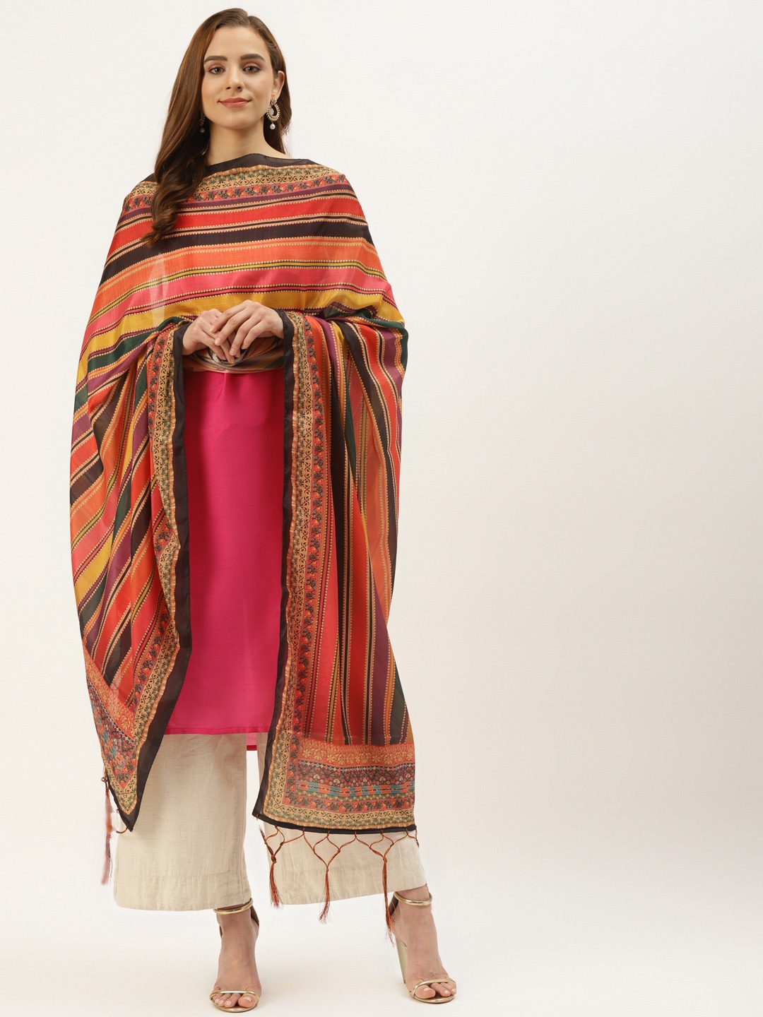 

VAABA Multicoloured Striped Dupatta, Multi