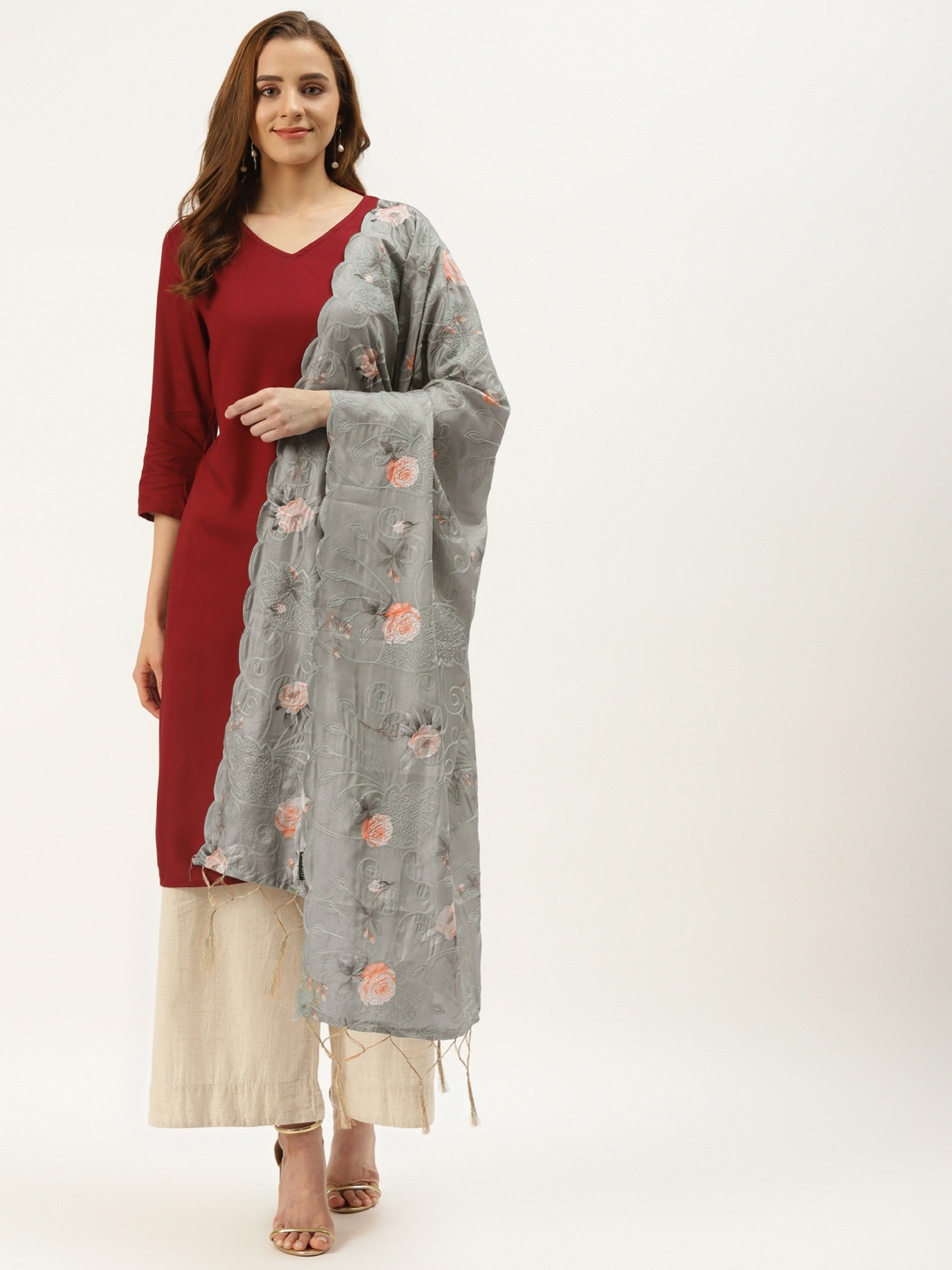 

VAABA Grey Floral Embroidered Art Silk Dupatta