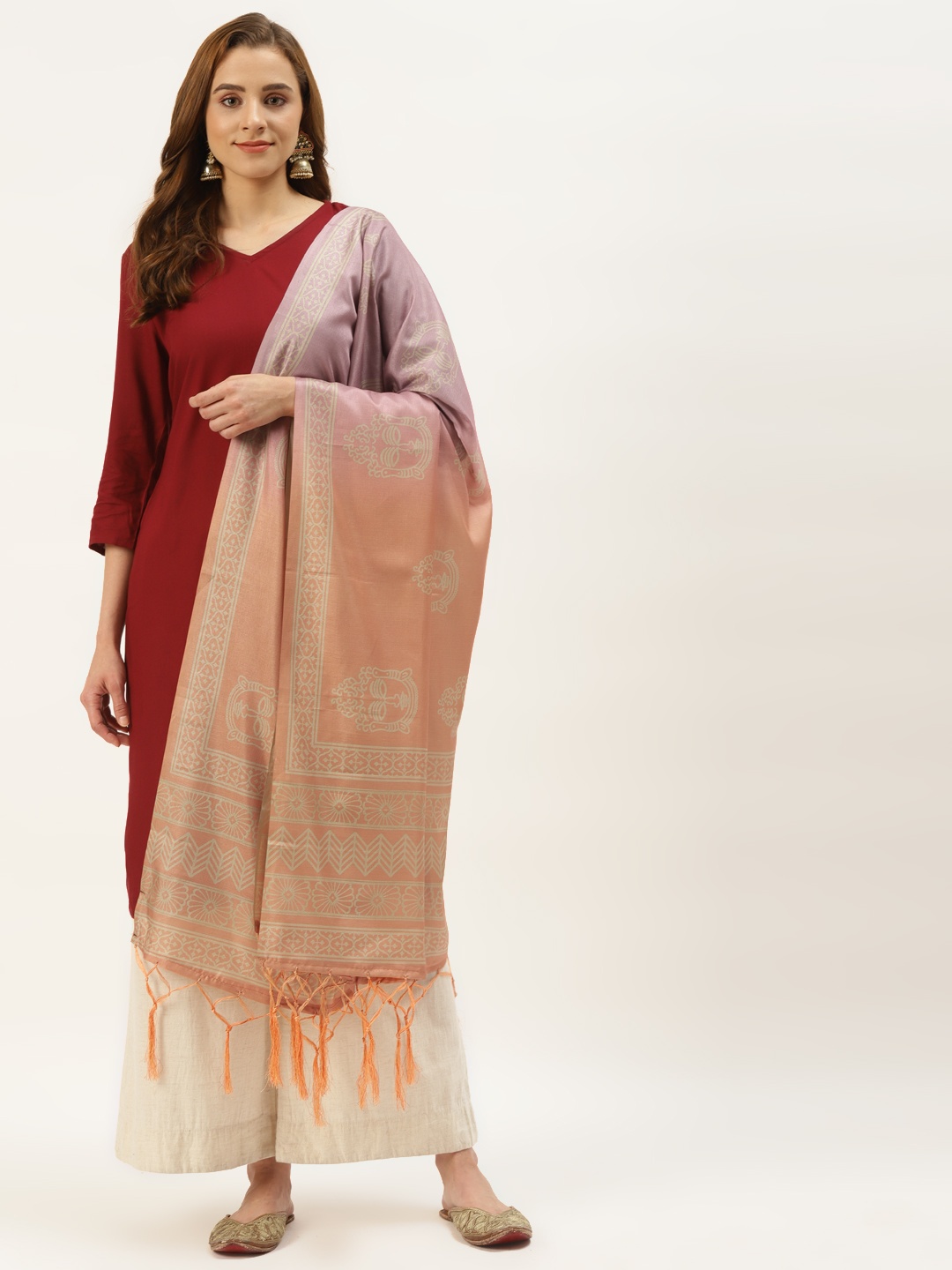 

VAABA Multicoloured Ethnic Motifs Printed Silk Blend Dupatta, Peach