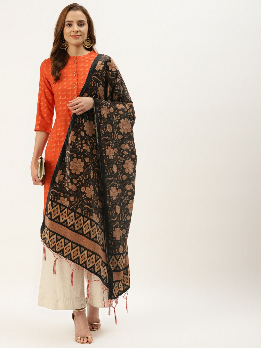 

VAABA Black & Beige Floral Printed Velvet Dupatta