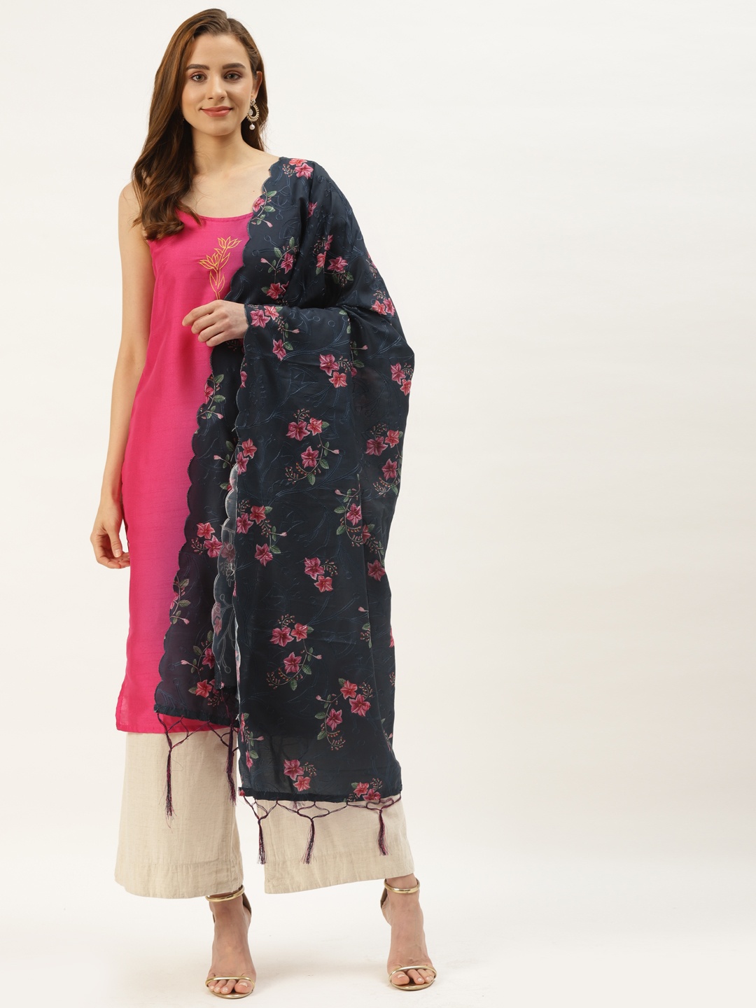 

VAABA Navy Blue & Pink Floral Embroidered Cotton Silk Dupatta