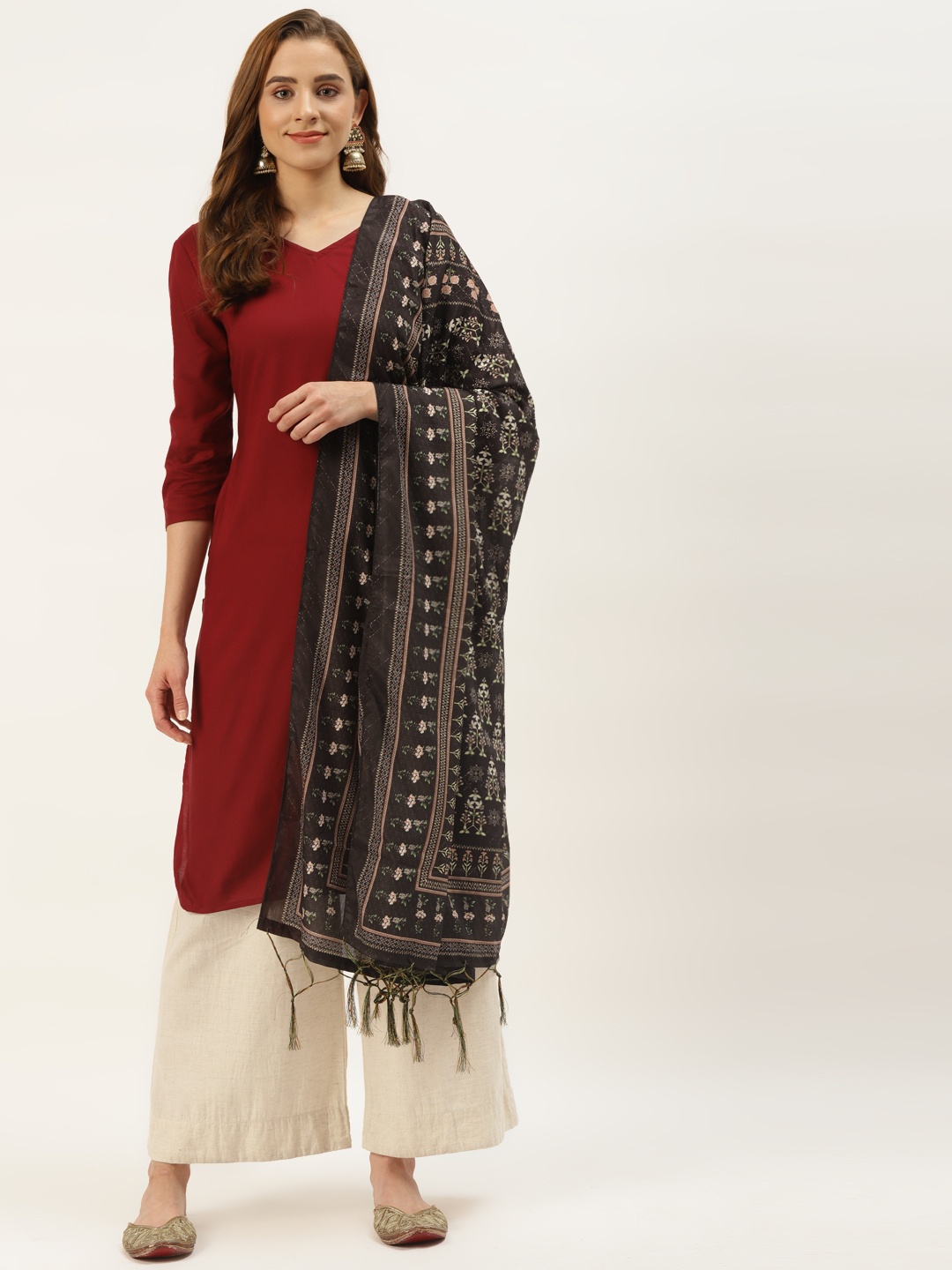 

VAABA Coffee Brown Ethnic Motifs Printed Silk Blend Dupatta