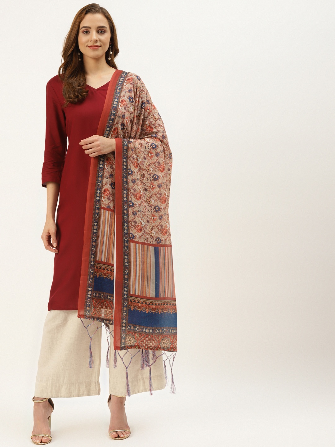 

VAABA Beige & Multicoloured Printed Dupatta