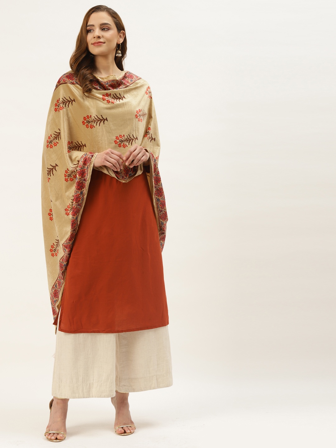 

VAABA Cream-Coloured & Red Ethnic Motifs Printed Velvet Dupatta