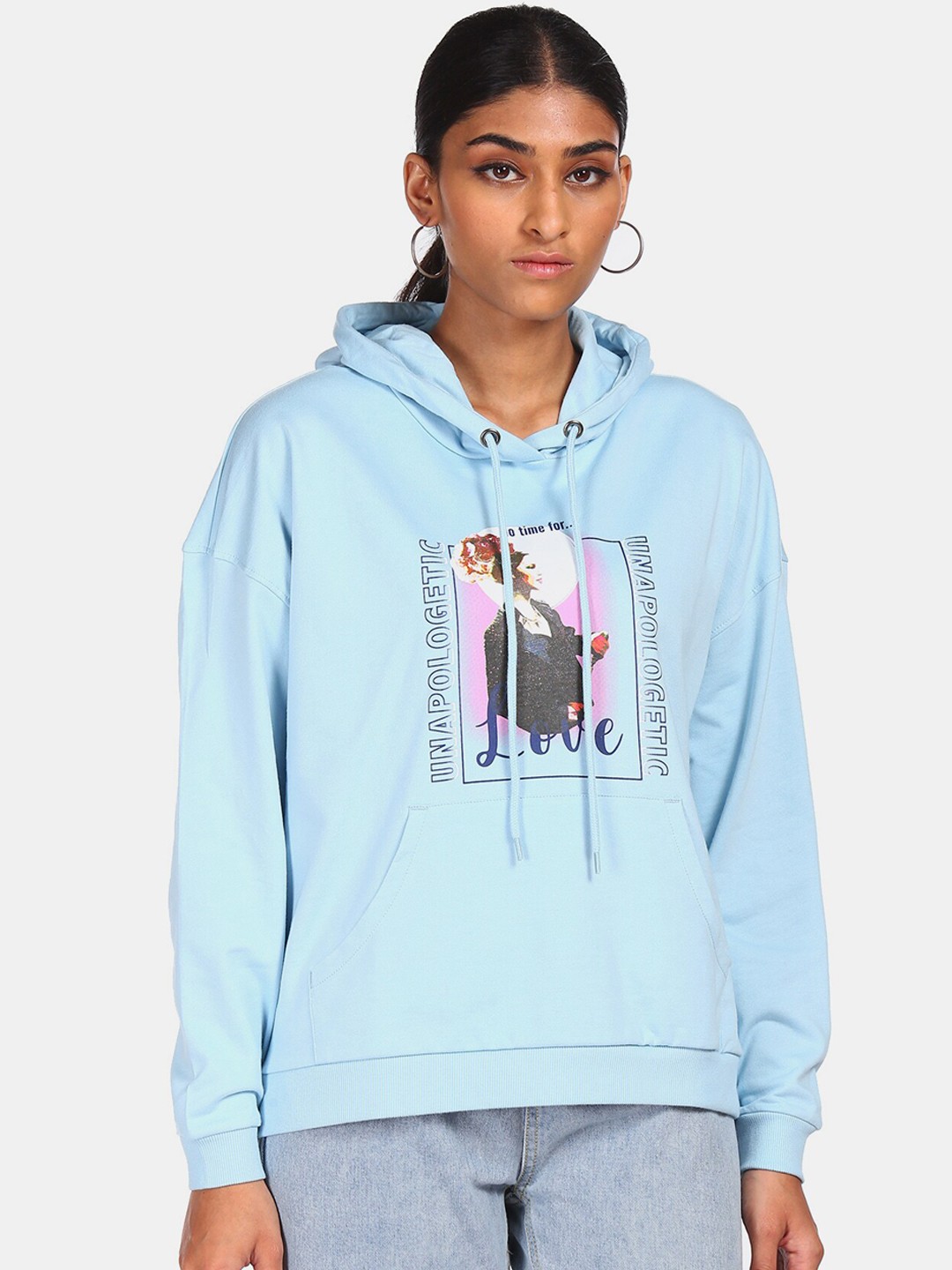 

Flying Machine Women Blue Graphic Printed Hooded Sweatshirt