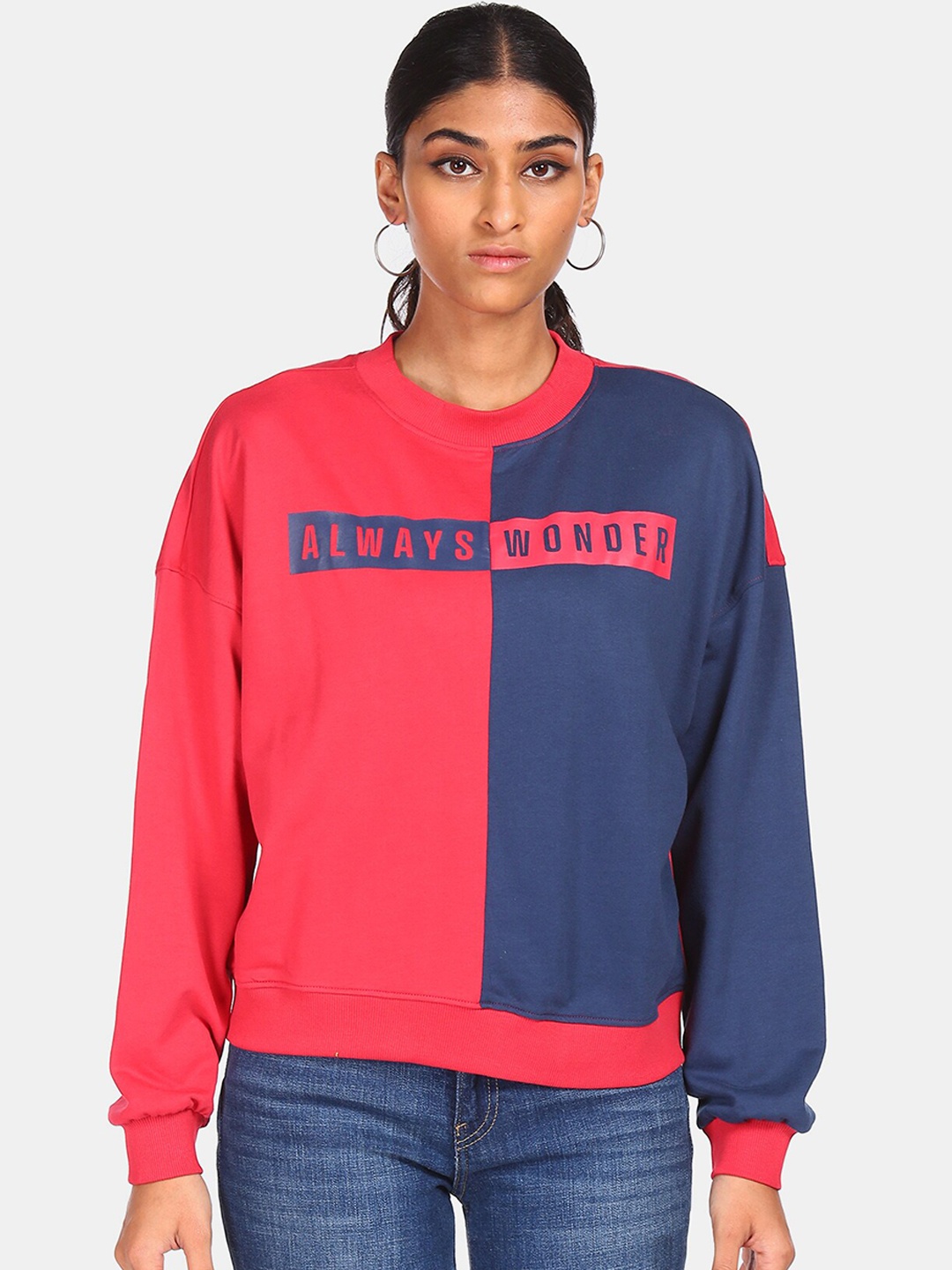 

Flying Machine Women Pink & Blue Colourblocked Pure Cotton Sweatshirt