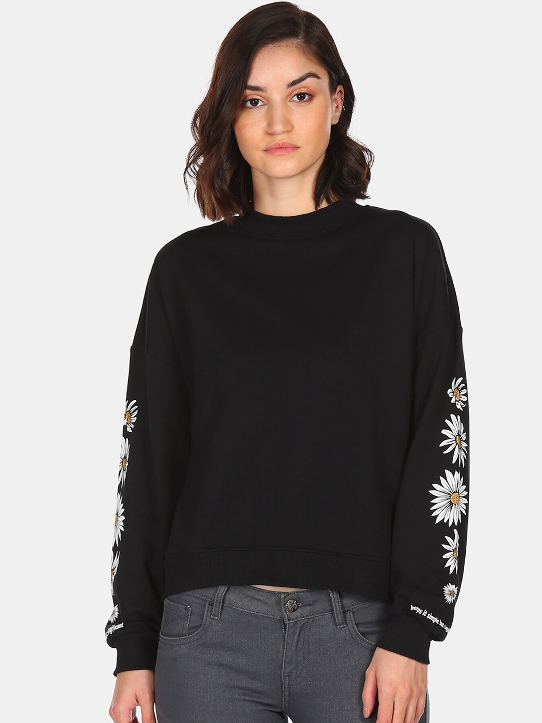 

Flying Machine Women Black Printed Pure Cotton Sweatshirt