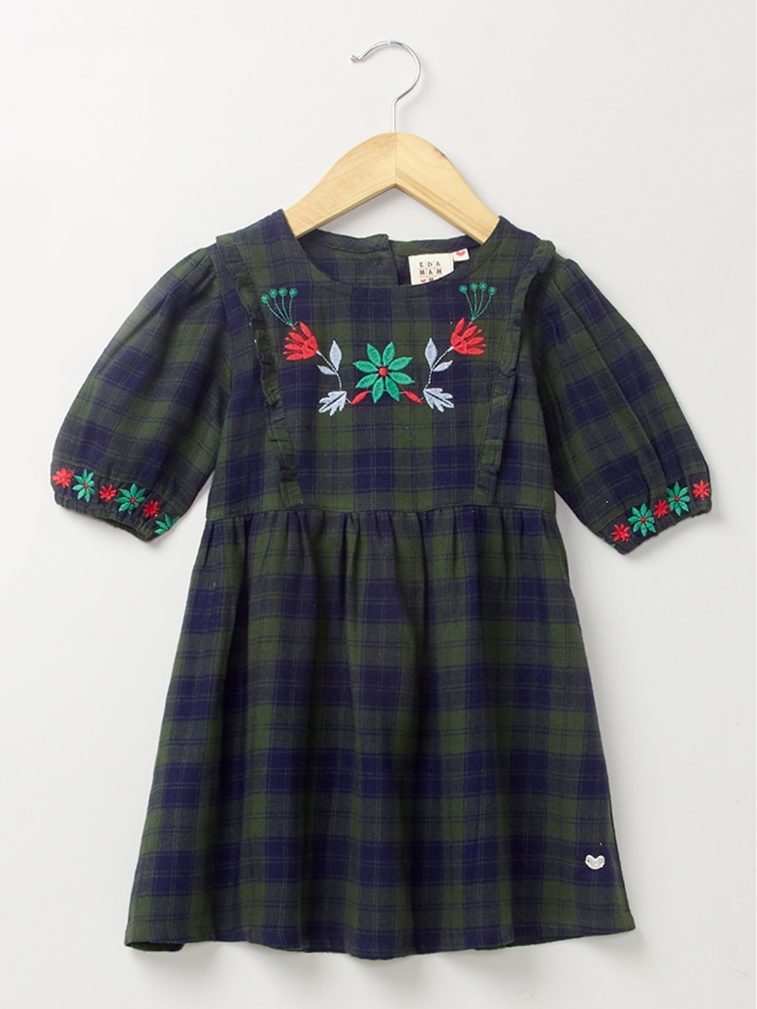 

Ed-a-Mamma Girls Olive Green & Navy Blue Embroidered Checked Dress