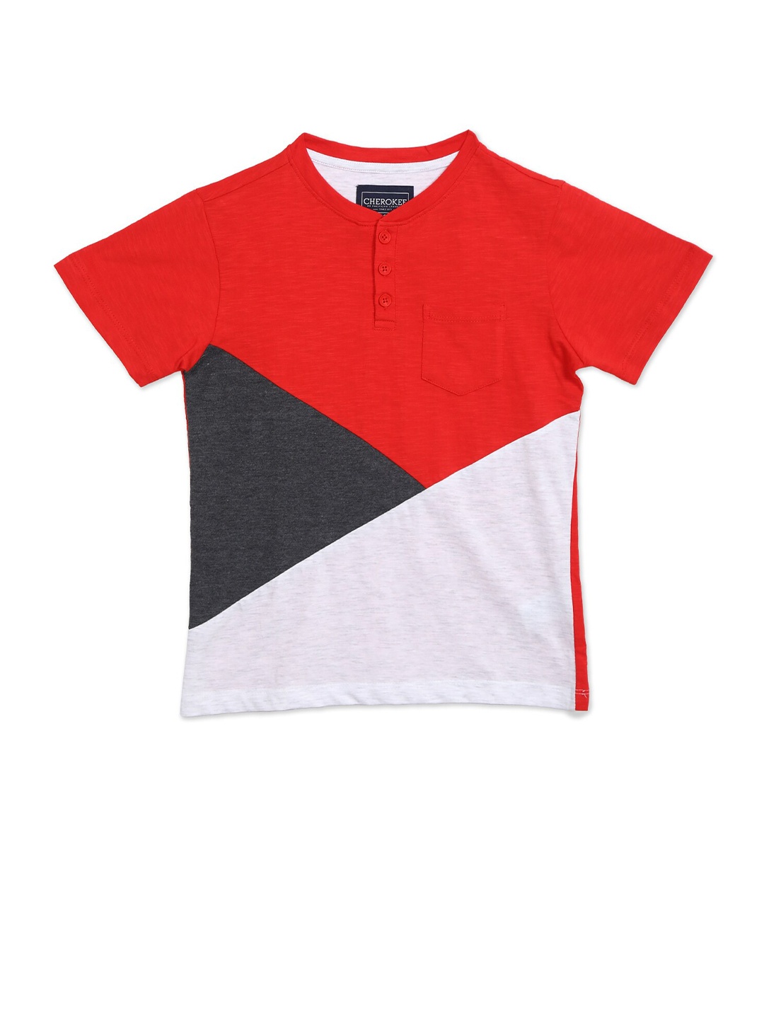 

Cherokee Boys Red & White Colourblocked Henley Neck Pure Cotton T-shirt