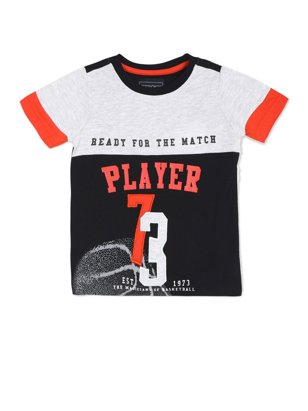 

Cherokee Boys Black & Orange Colorblocked Typography Printed T-Shirt