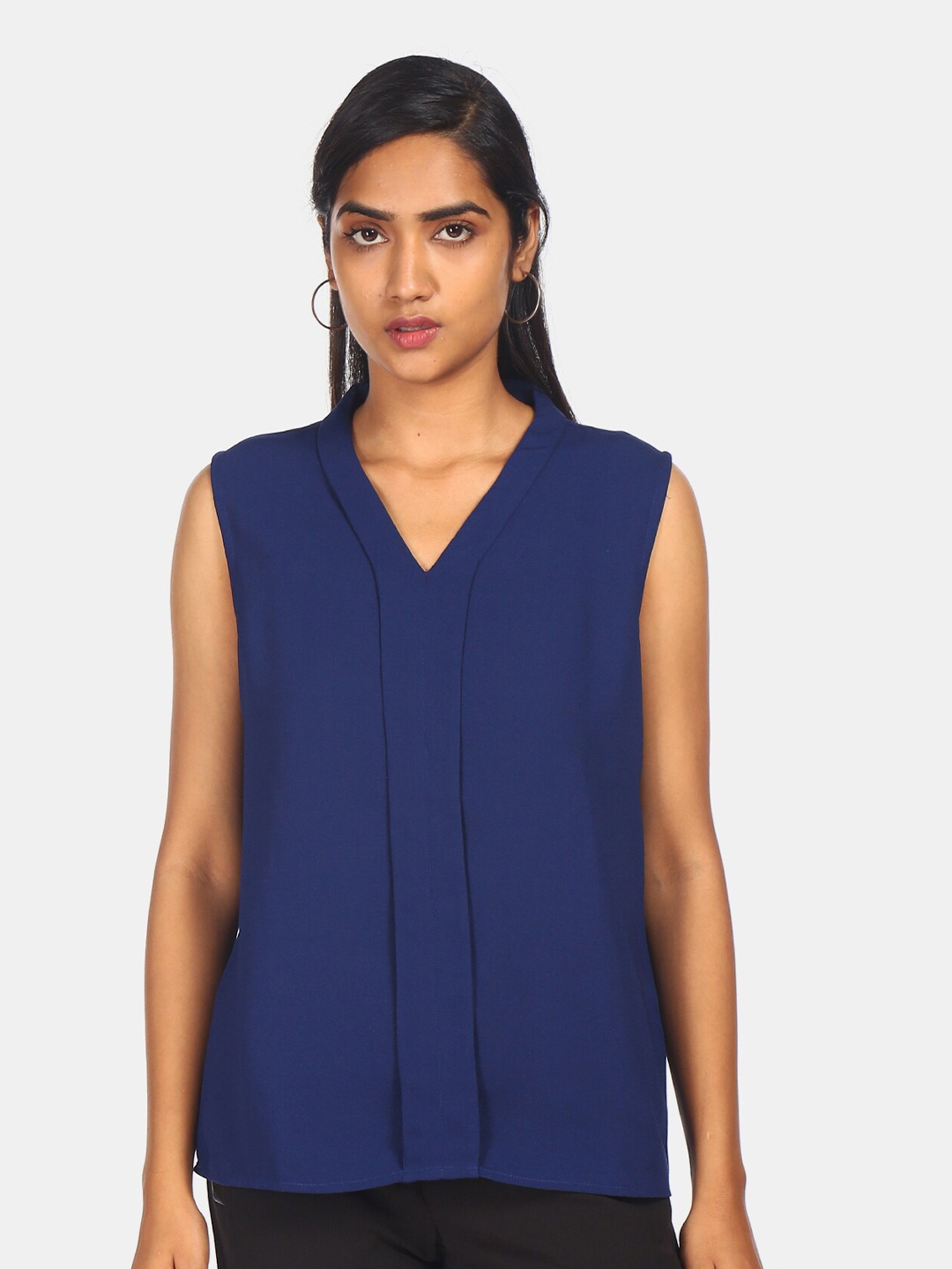 

Flying Machine Navy Blue Solid Sleeveless Blouson Top