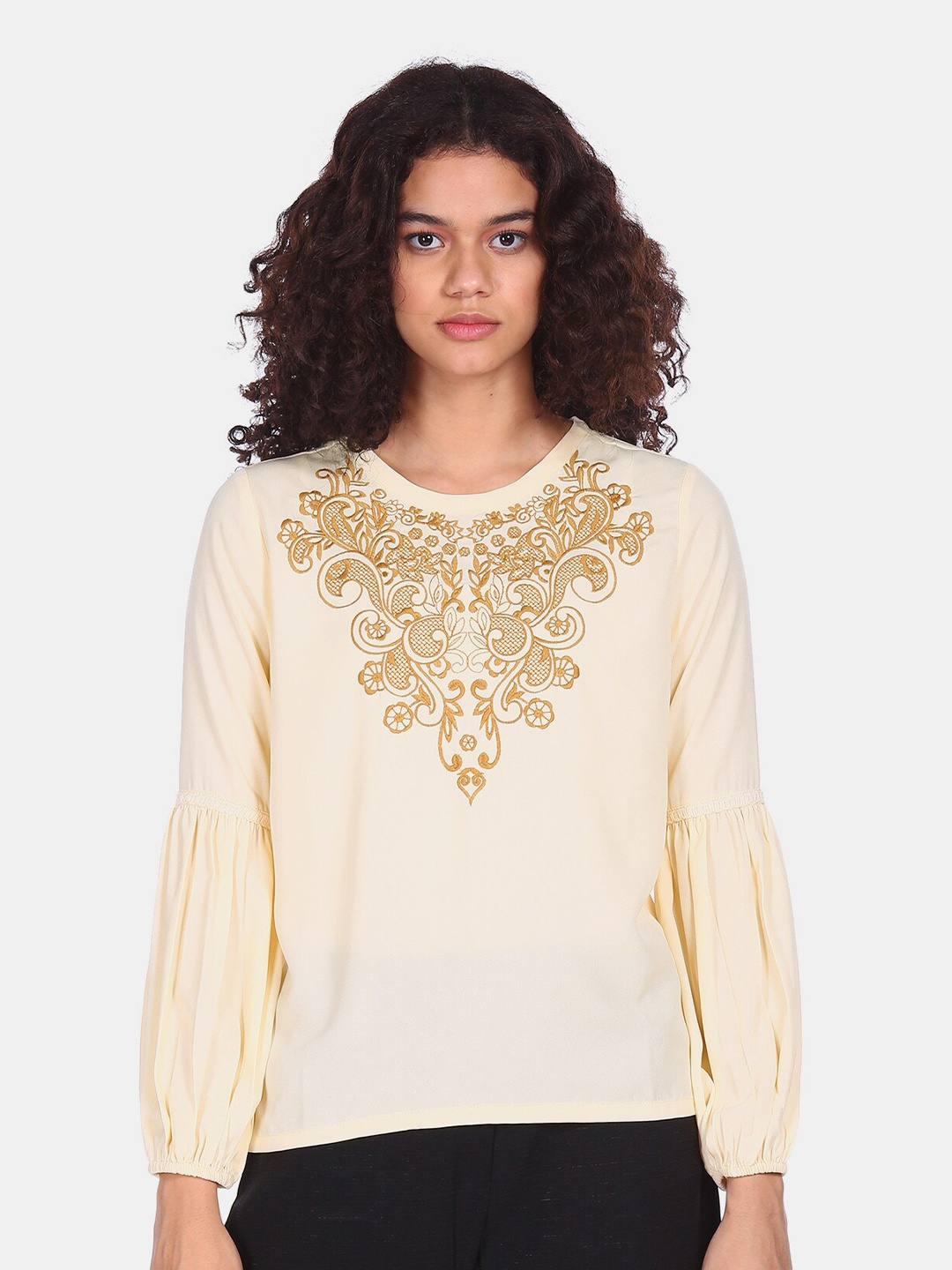 

Flying Machine Cream-Coloured Embroidered Bishop Sleeves Regular Top