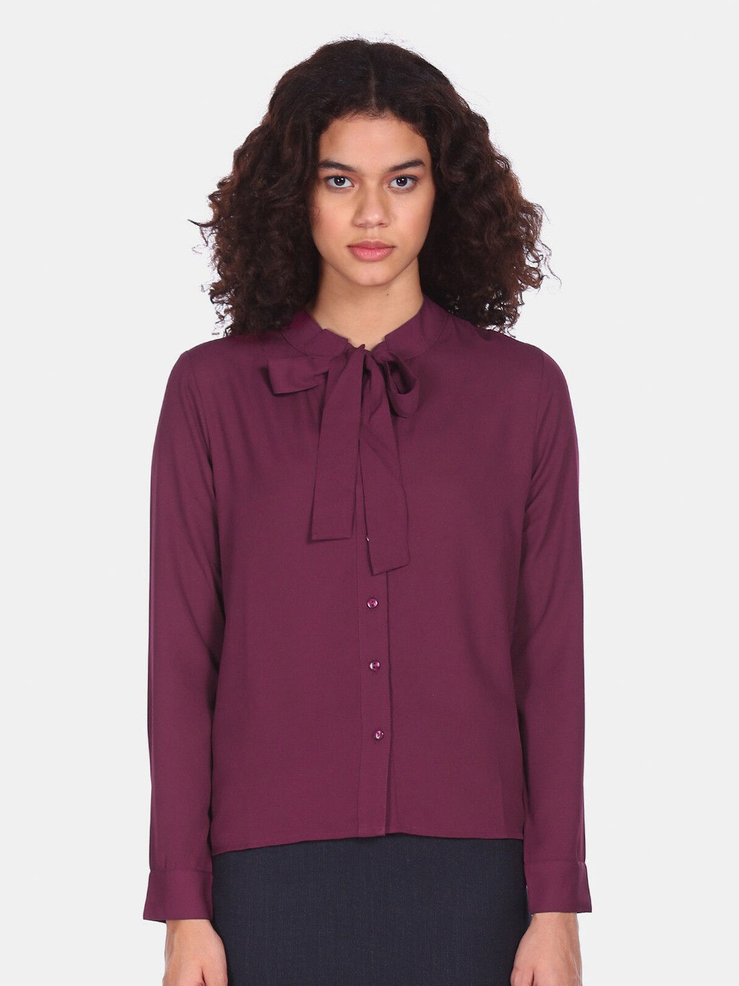 

Flying Machine Purple Tie-Up Neck Shirt Style Top