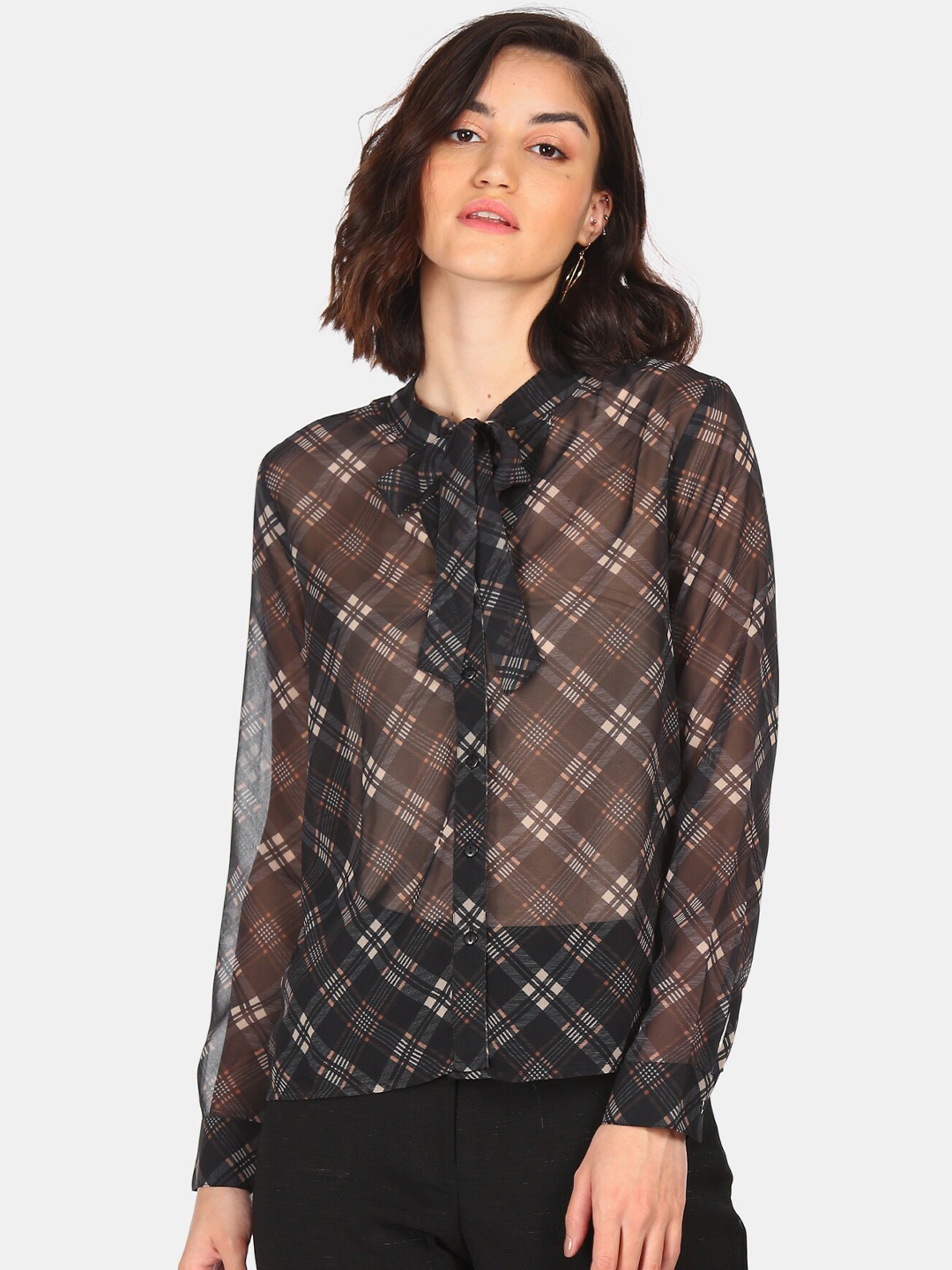 

Flying Machine Black Checked Tie-Up Neck Sheer Shirt Style Top