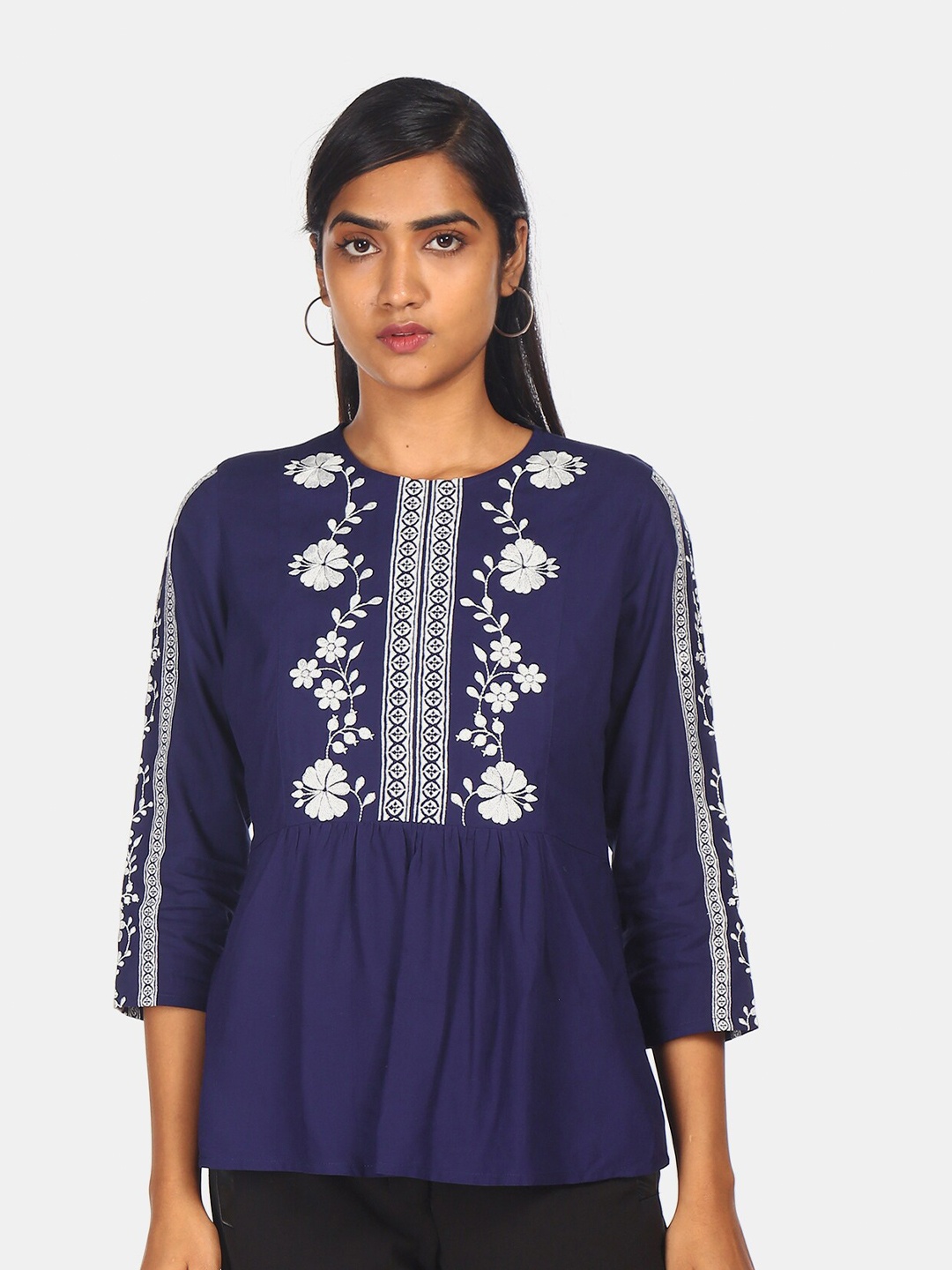 

Flying Machine Navy Blue Floral Embroidered Peplum Top