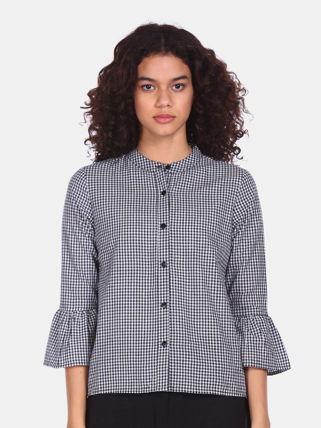 

Flying Machine Black & White Checked Mandarin Collar Pure Cotton Shirt Style Top