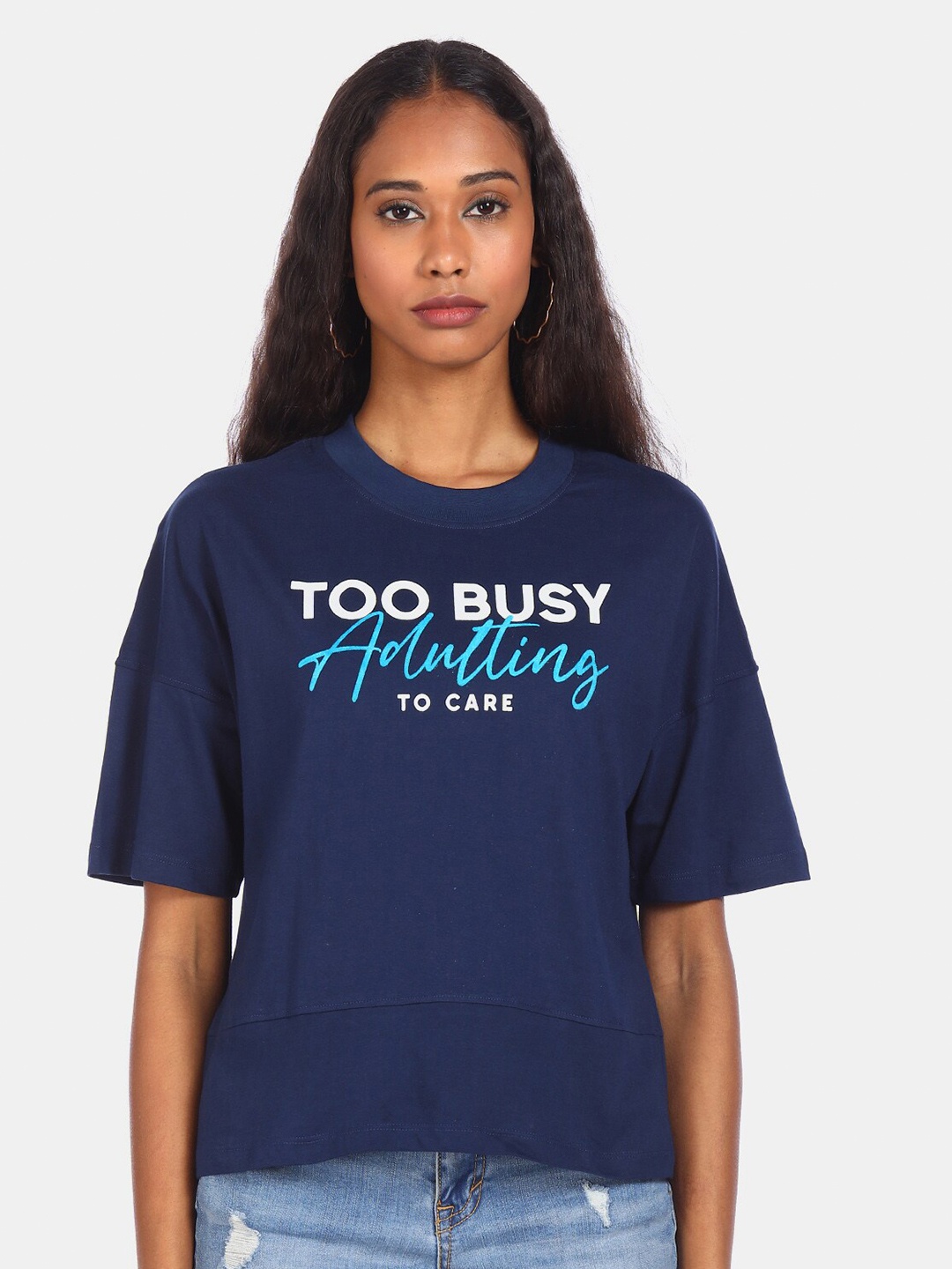 

Flying Machine Women Blue Typography Printed Raw Edge T-shirt