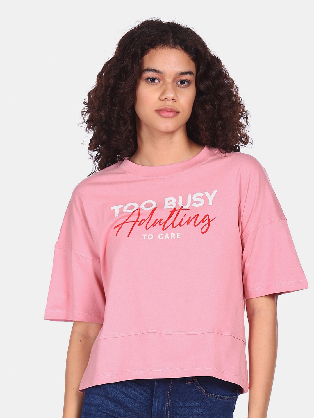 

Flying Machine Women Pink Typography Printed Drop-Shoulder Sleeves Pure Cotton T-shirt