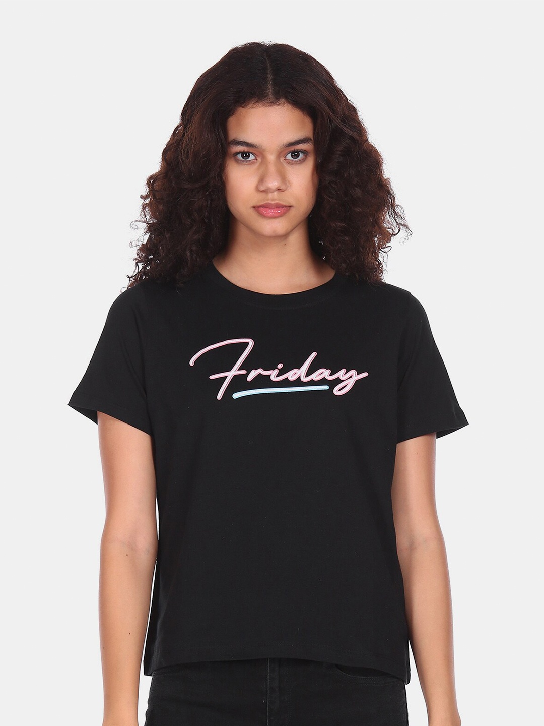 Flying Machine Women Black & White Typography Printed T-shirt