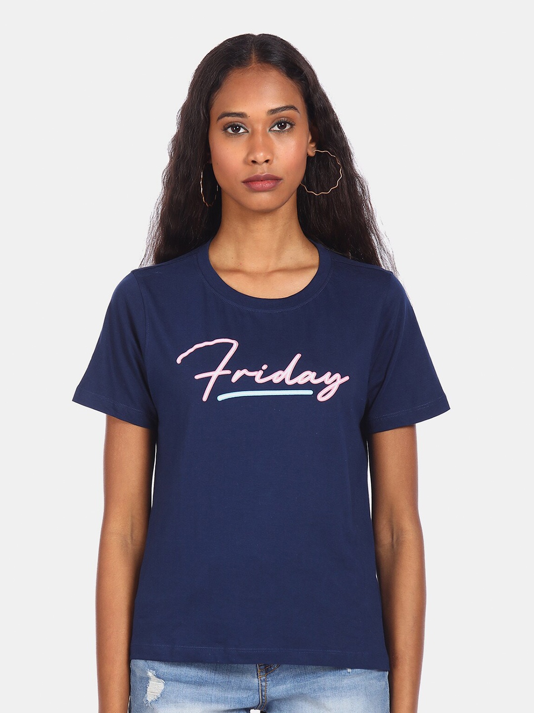 

Flying Machine Women Navy Blue Typography Printed T-shirt