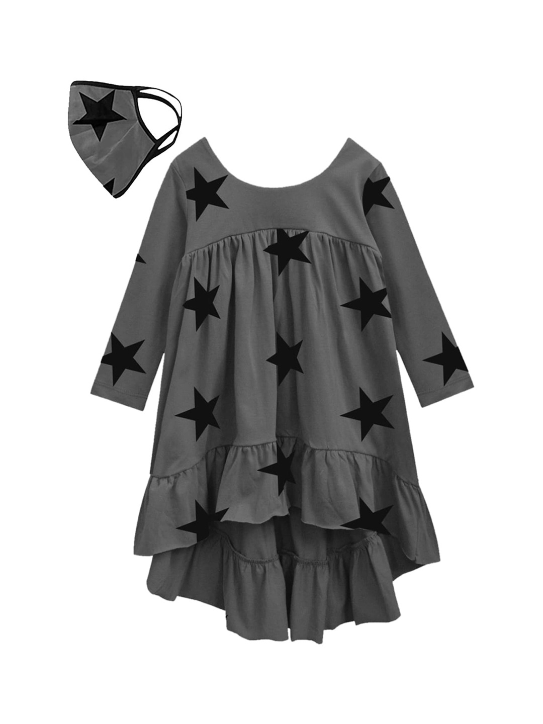 

A.T.U.N. Girls Charcoal Grey & Black Printed Pure Cotton A-Line Dress with Mask